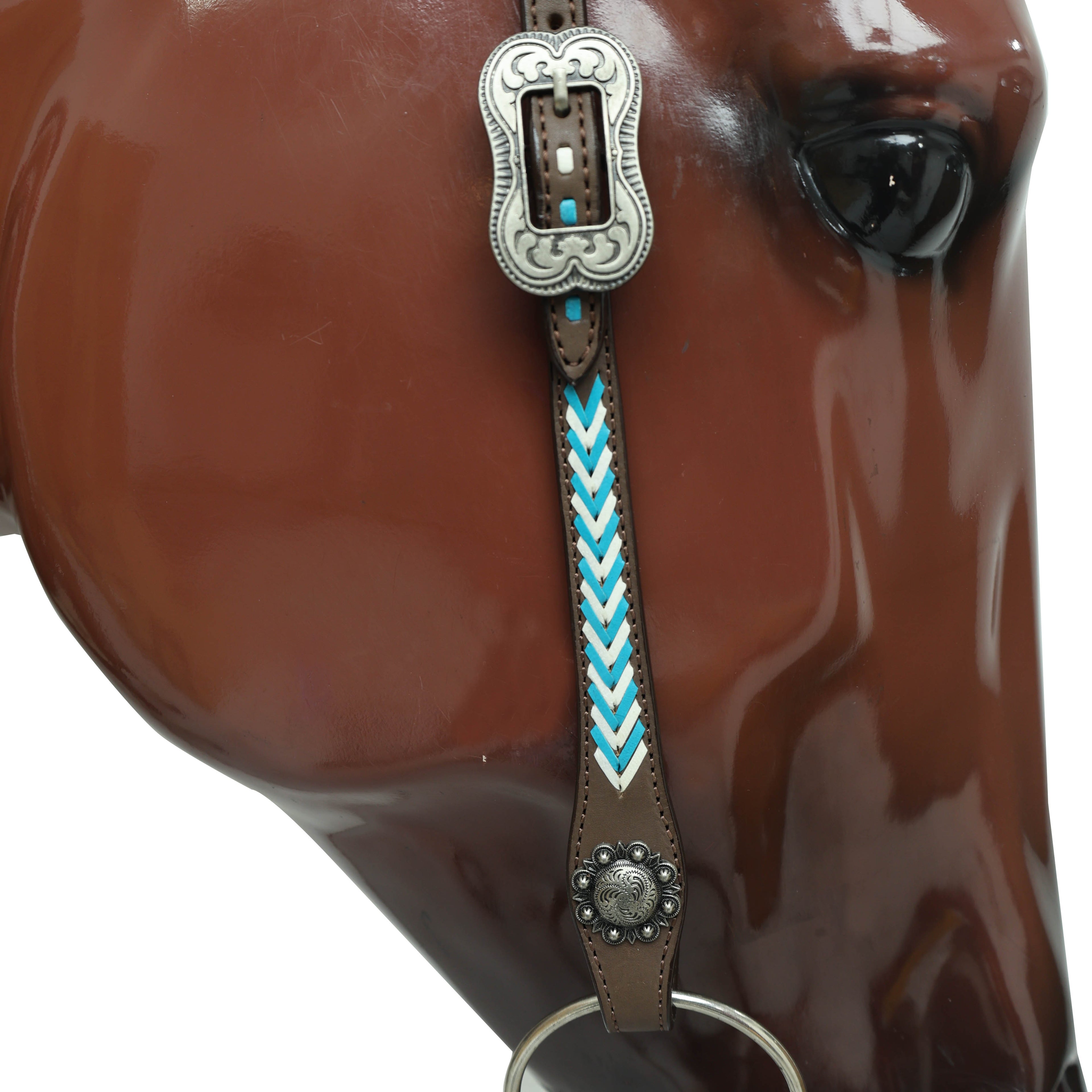 Western Leather Horse Headstall and Breast Collar Set Decorated with Arrow Style Teal and White Rawhide Stitching with Racer Motif Engraving MOUSM