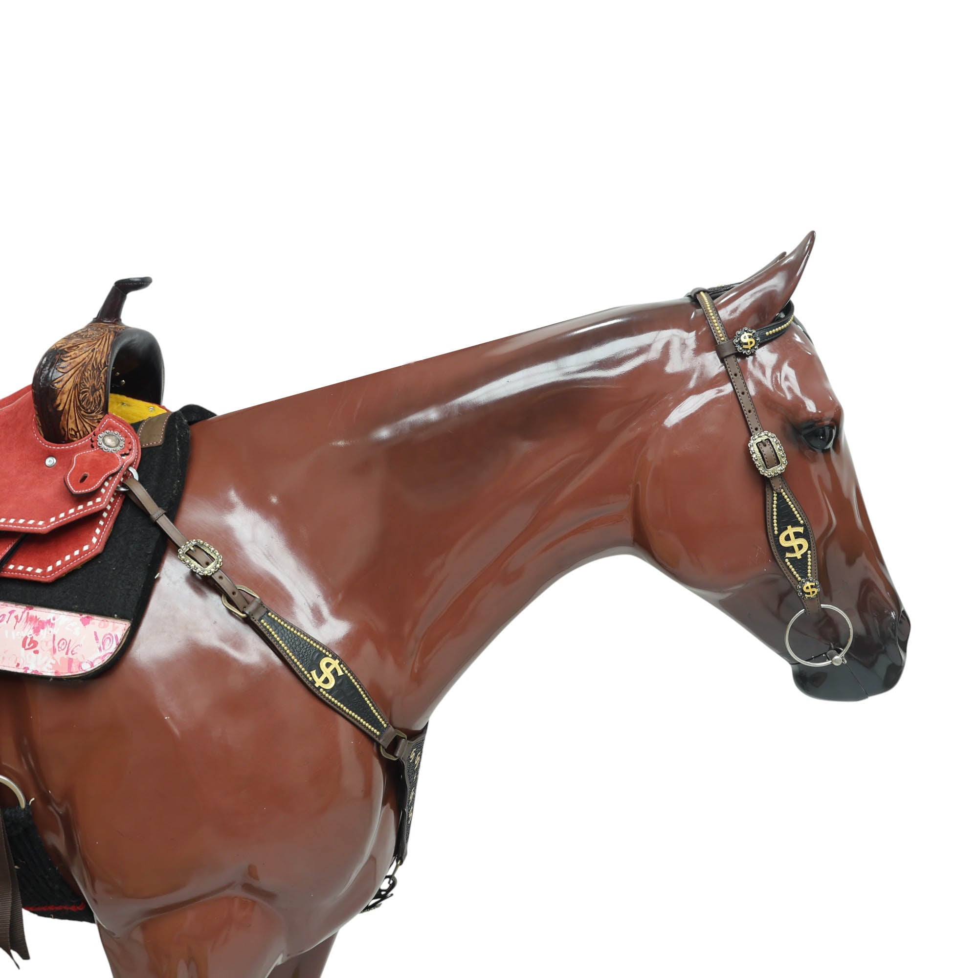 Western Horse Headstall Sets Millionaire Theme with 3D Golden Dollar Signs, Golden Studs, Dazzle Stone Work on Gladiator Breast Collar MOUSM