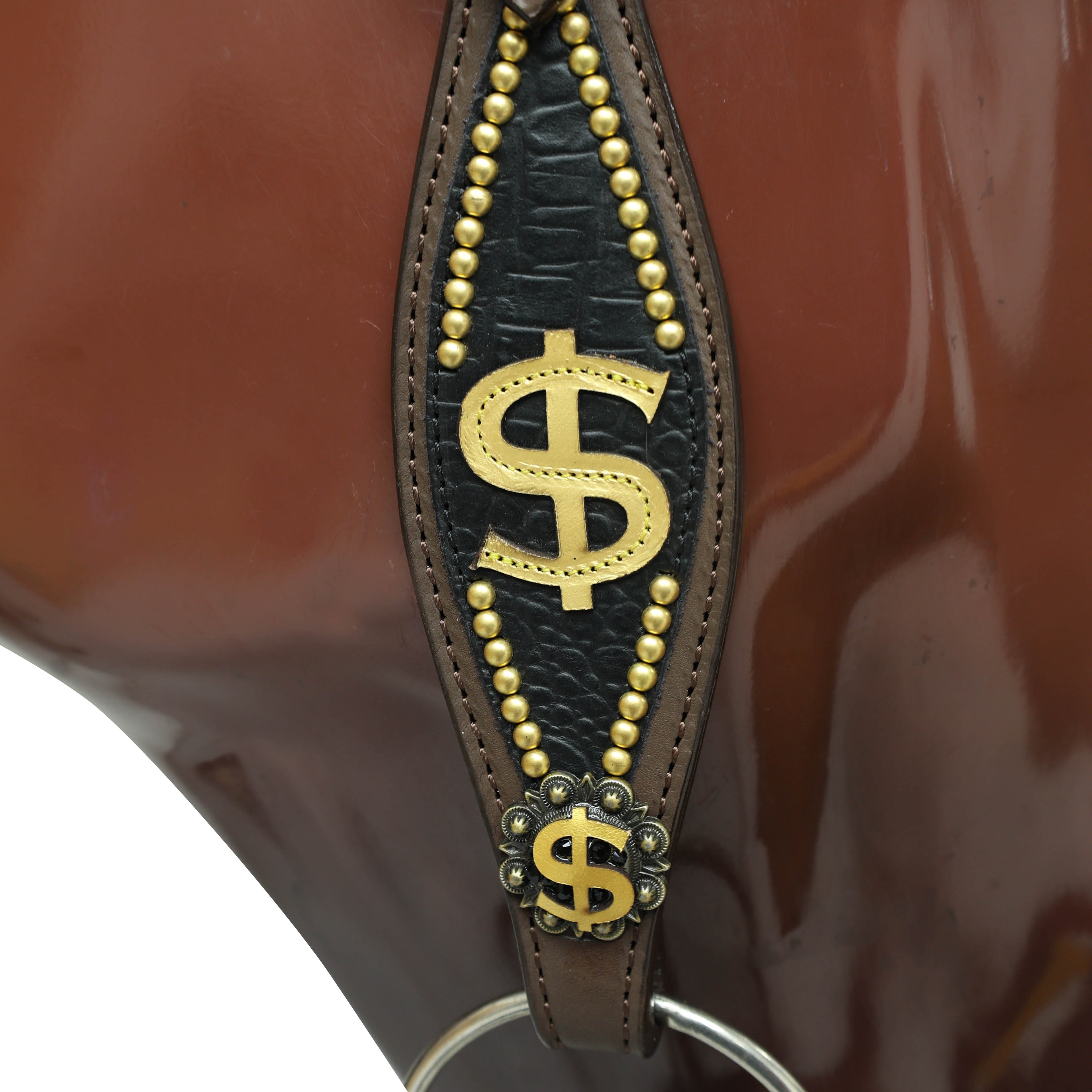 Western Horse Headstall Sets Millionaire Theme with 3D Golden Dollar Signs, Golden Studs, Dazzle Stone Work on Gladiator Breast Collar MOUSM