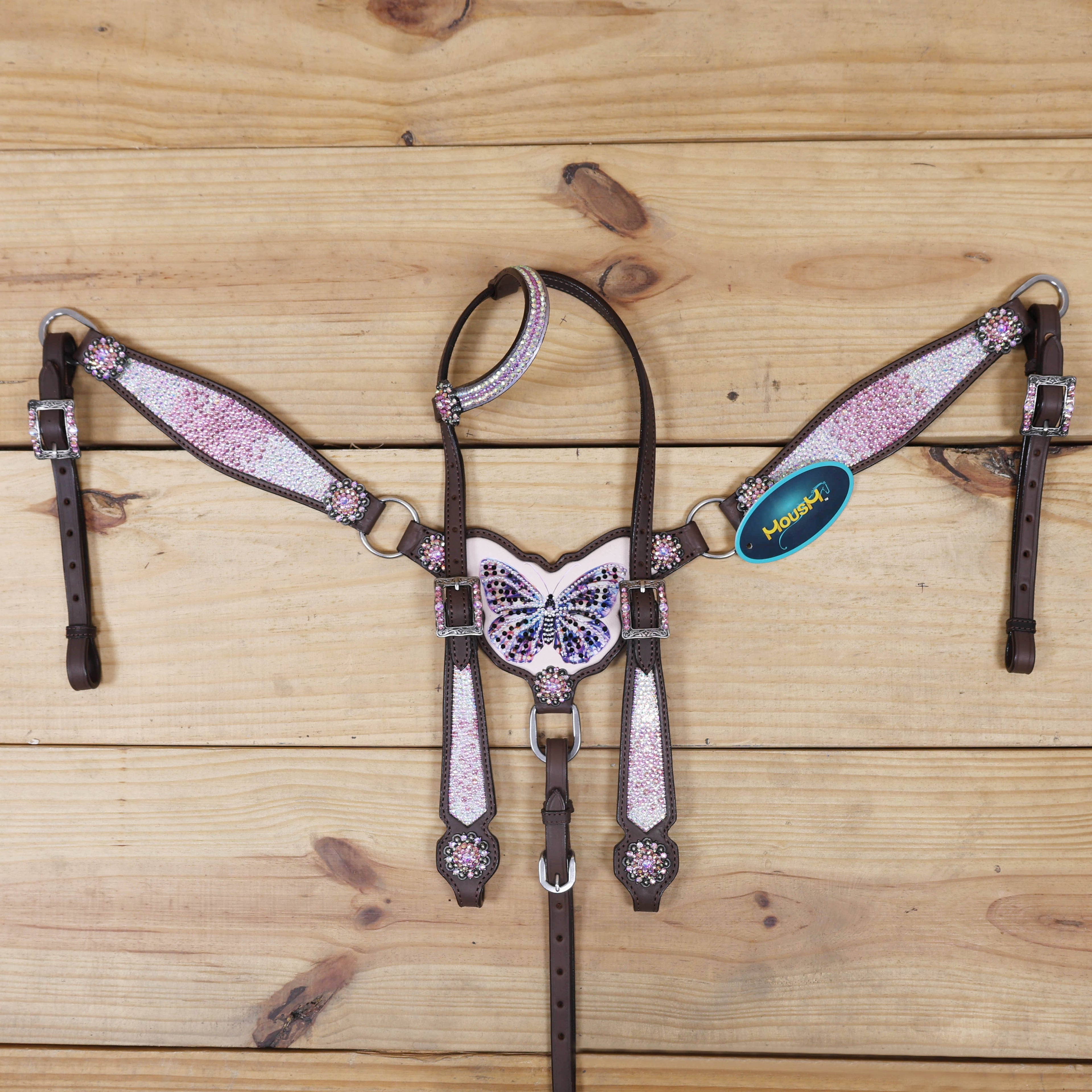 Western Horse Tack Set Decorated with Butterfly Print with Dazzle Pink and AB Stone Work on Gladiator Style Breast Collar and Rhinestone Berry Conchos MOUSM