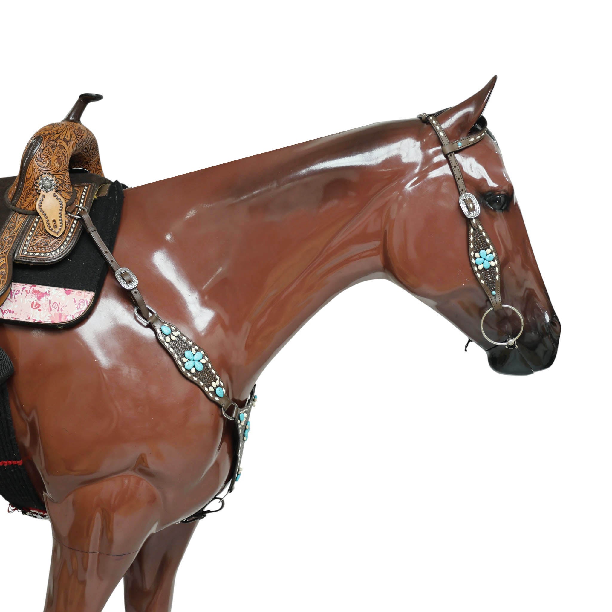 Western Horse Headstall Tack Set Decorated with Window Tooling, Rawhide Buck Stitching, and Turquoise and White Gem Stone on Embellished MOUSM