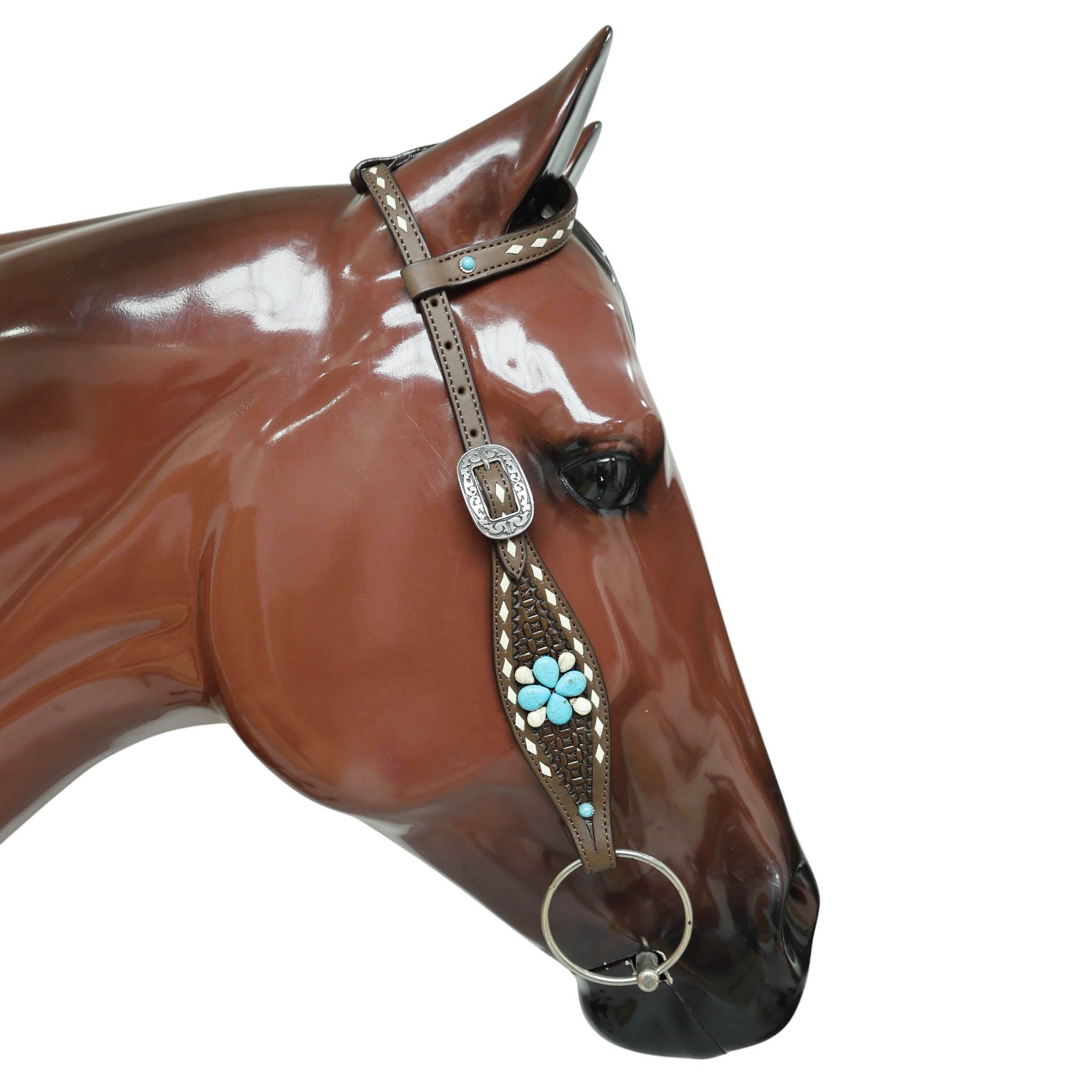 Western Horse Headstall Tack Set Decorated with Window Tooling, Rawhide Buck Stitching, and Turquoise and White Gem Stone on Embellished MOUSM