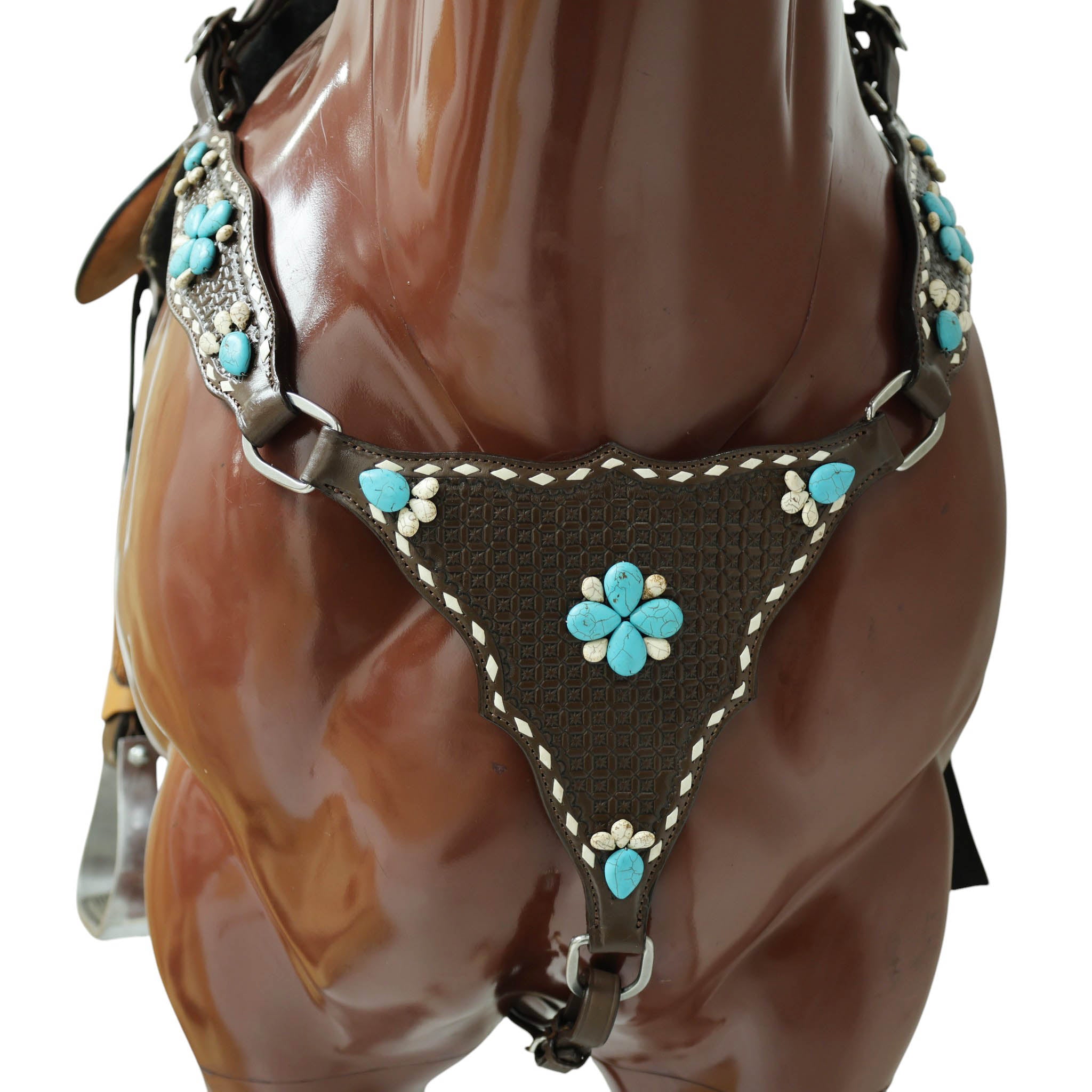 Western Horse Headstall Tack Set Decorated with Window Tooling, Rawhide Buck Stitching, and Turquoise and White Gem Stone on Embellished MOUSM