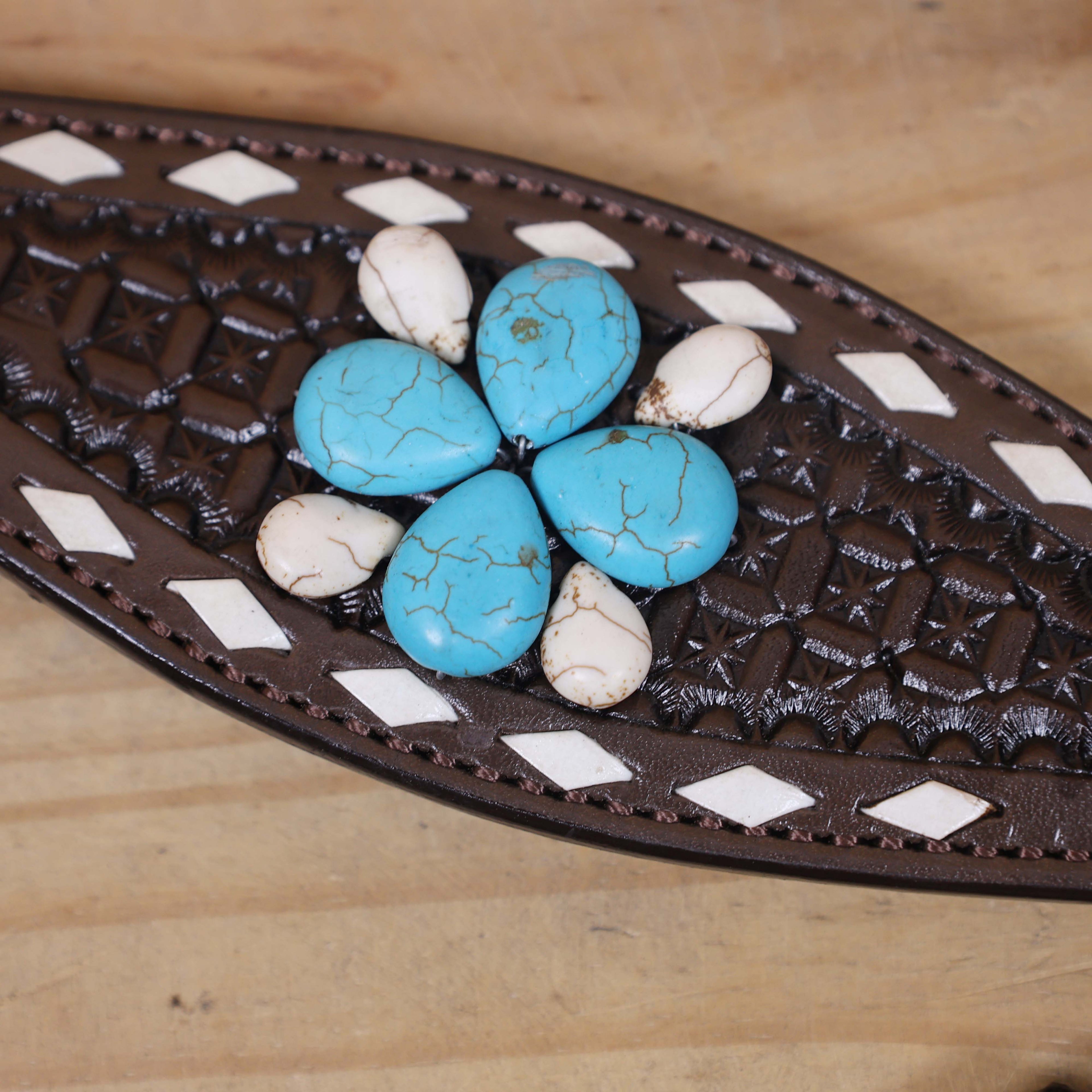 Western Horse Headstall Tack Set Decorated with Window Tooling, Rawhide Buck Stitching, and Turquoise and White Gem Stone on Embellished MOUSM