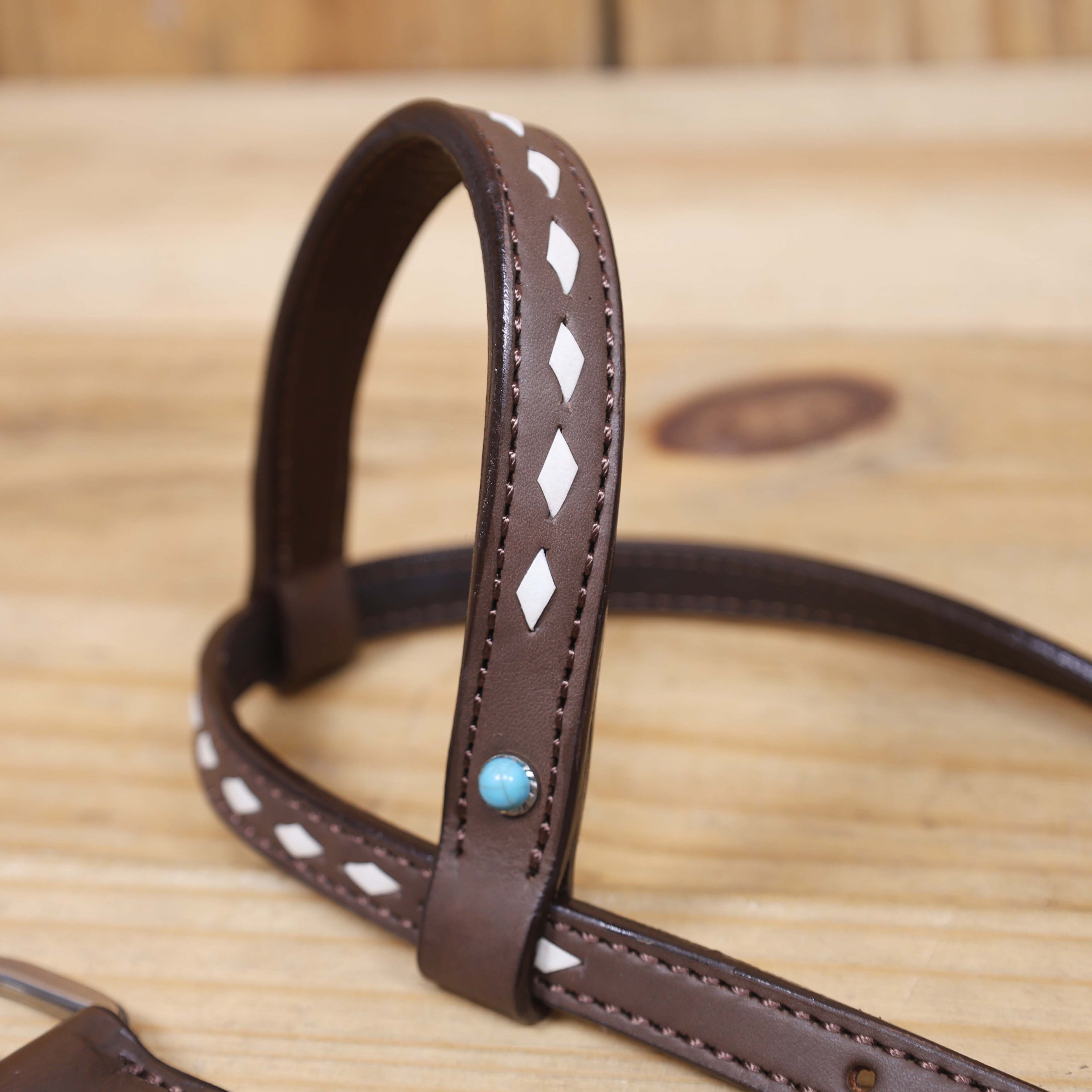 Western Horse Headstall Tack Set Decorated with Window Tooling, Rawhide Buck Stitching, and Turquoise and White Gem Stone on Embellished MOUSM