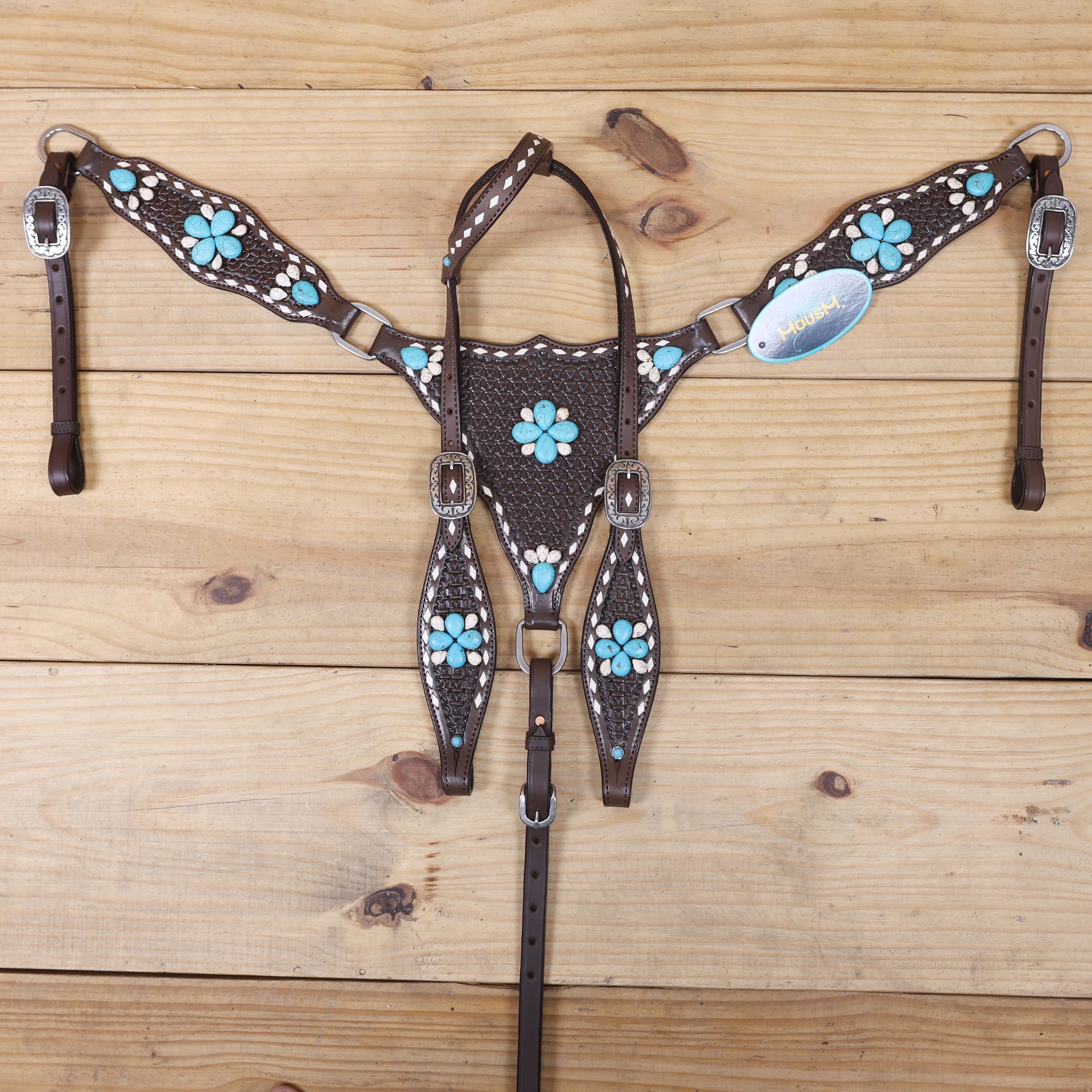 Western Horse Headstall Tack Set Decorated with Window Tooling, Rawhide Buck Stitching, and Turquoise and White Gem Stone on Embellished MOUSM