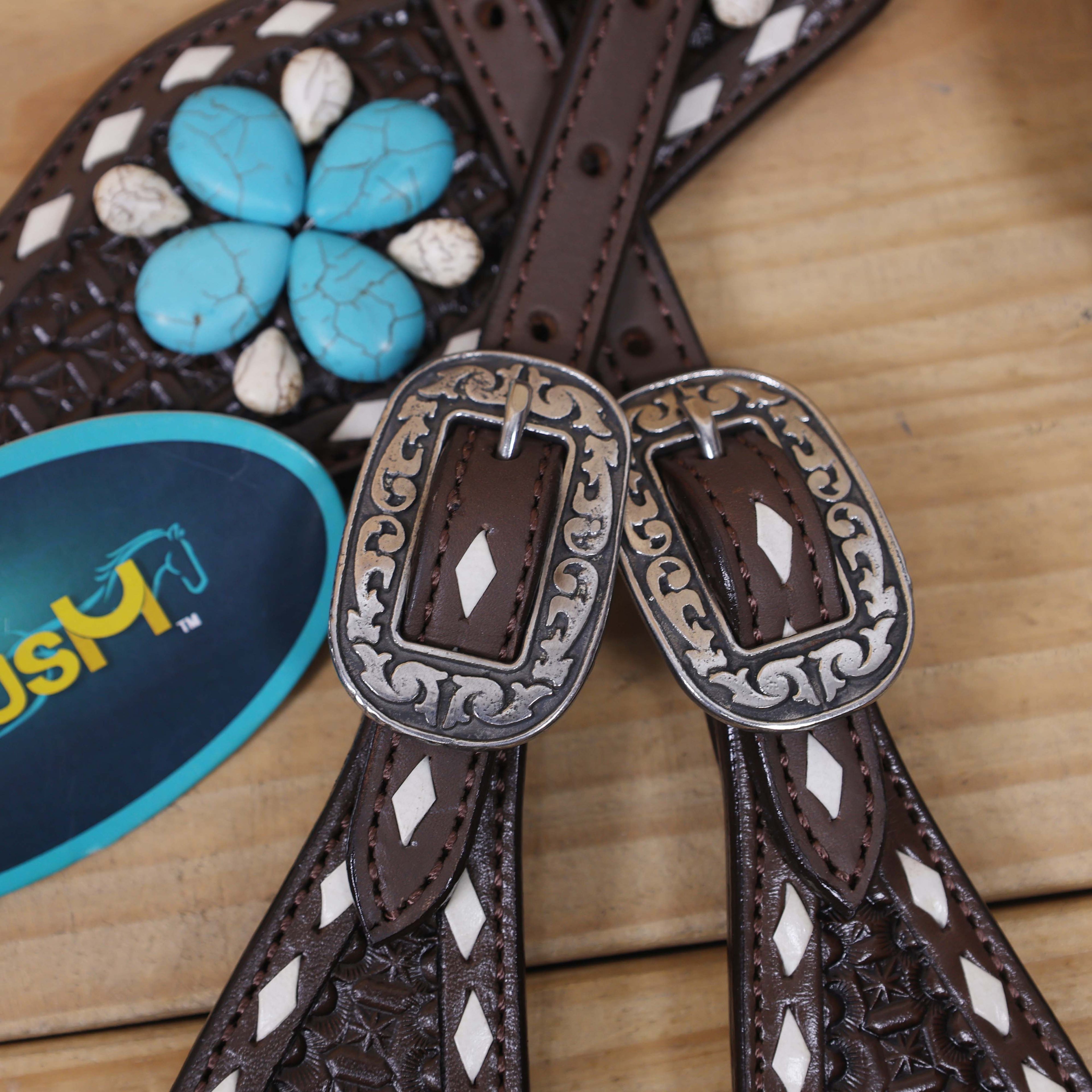 Western Horse Headstall Tack Set Decorated with Window Tooling, Rawhide Buck Stitching, and Turquoise and White Gem Stone on Embellished MOUSM