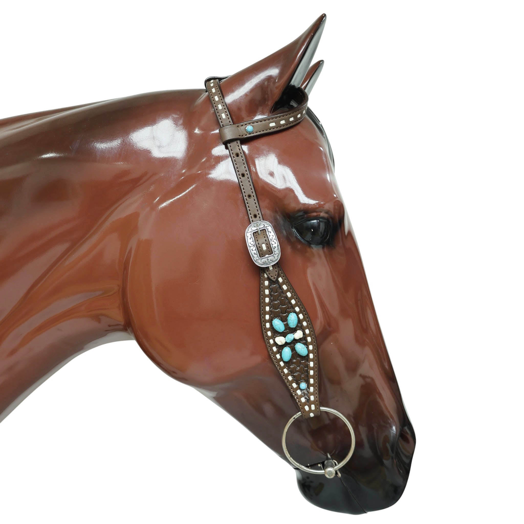Western Headstall and Breast Collar Tack Set Handcrafted from Argentina Cowhide with Rawhide Buck Stitching, Window Tooling, and Turquoise Gemstones MOUSM