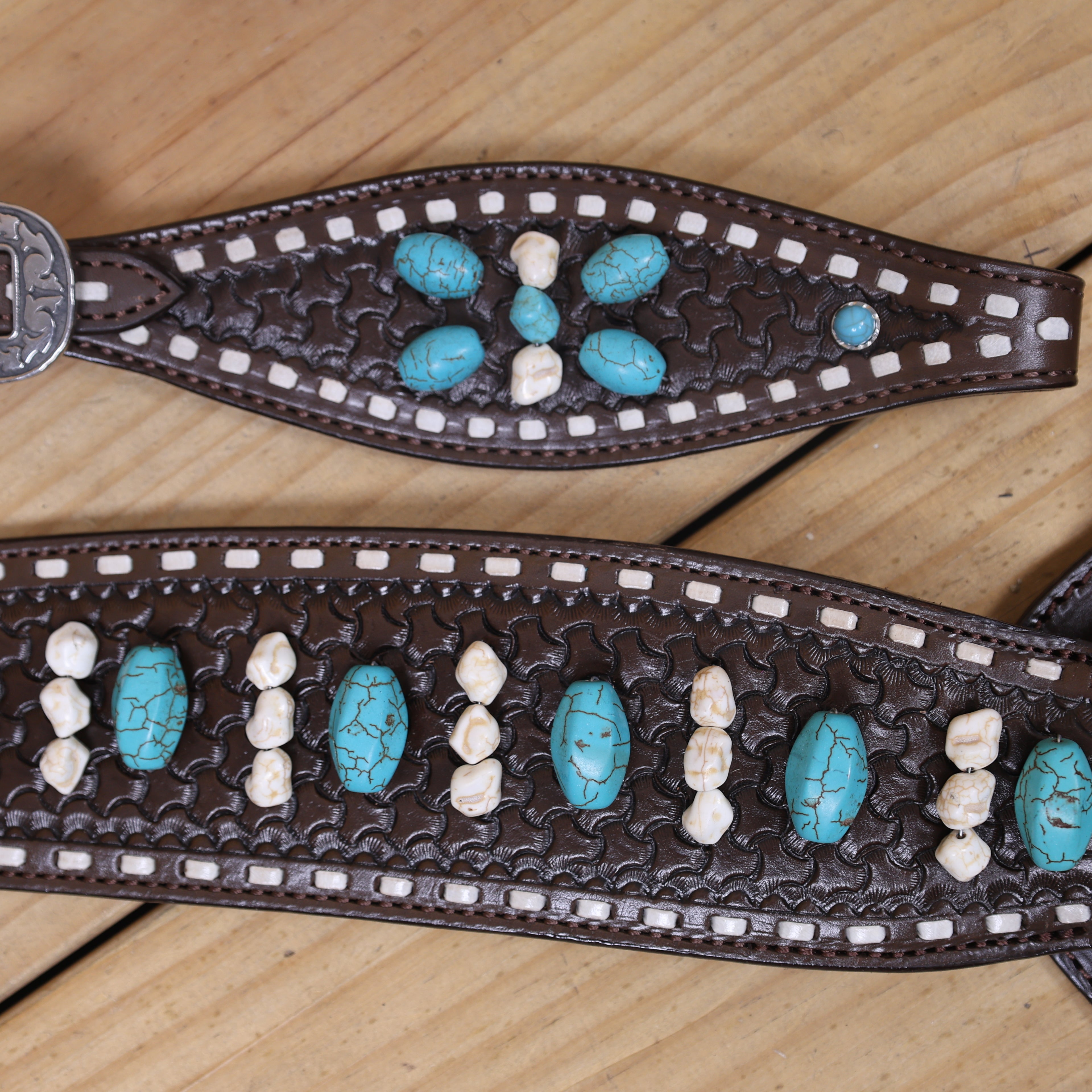 Western Headstall and Breast Collar Tack Set Handcrafted from Argentina Cowhide with Rawhide Buck Stitching, Window Tooling, and Turquoise Gemstones MOUSM