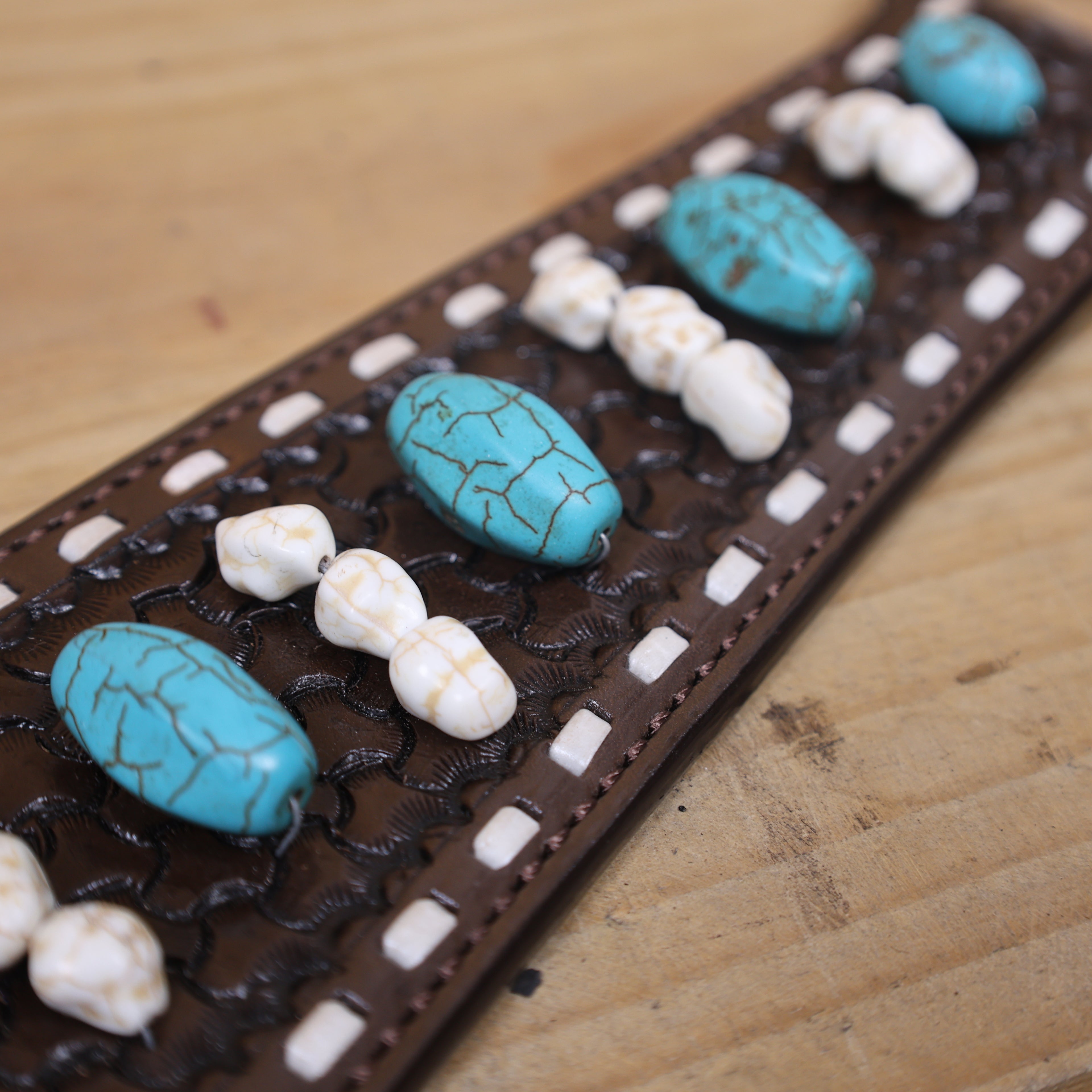 Western Headstall and Breast Collar Tack Set Handcrafted from Argentina Cowhide with Rawhide Buck Stitching, Window Tooling, and Turquoise Gemstones MOUSM