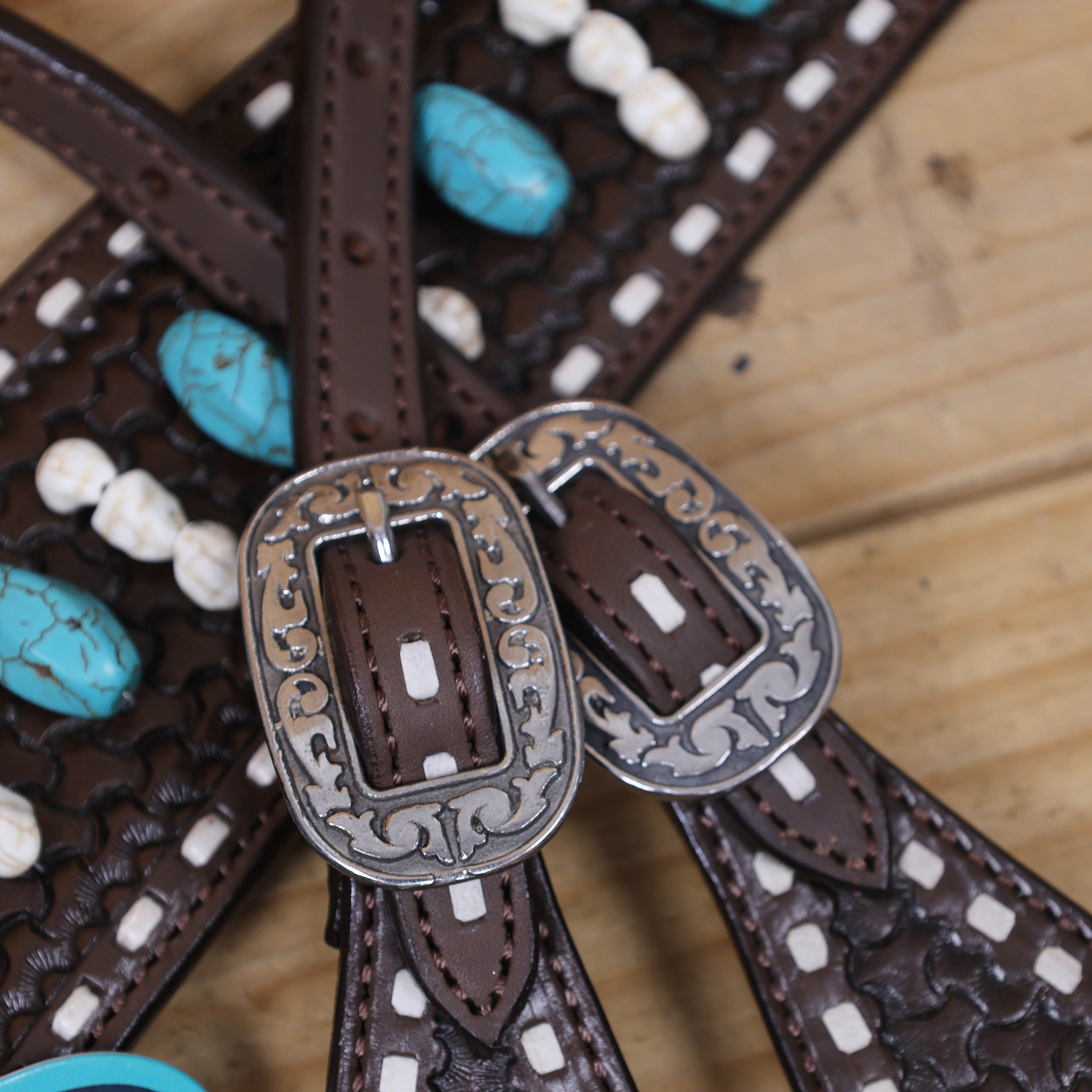 Western Headstall and Breast Collar Tack Set Handcrafted from Argentina Cowhide with Rawhide Buck Stitching, Window Tooling, and Turquoise Gemstones MOUSM