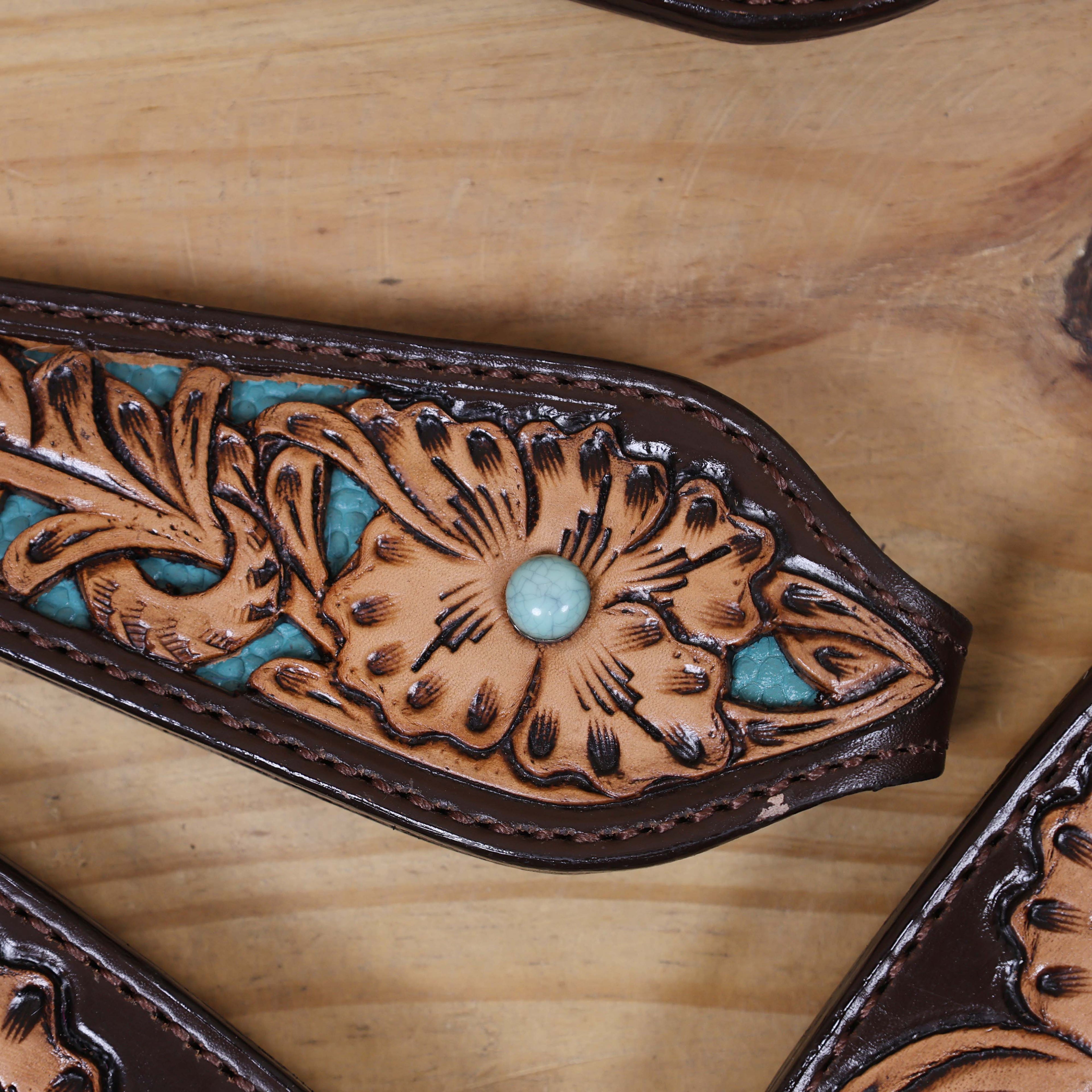 Western Headstall and Breast Collar Set Decorated with Flower Hand Tooled and Filigree Carving with Turquoise Inlay and Antique Finish Big Sunburst Buckles MOUSM
