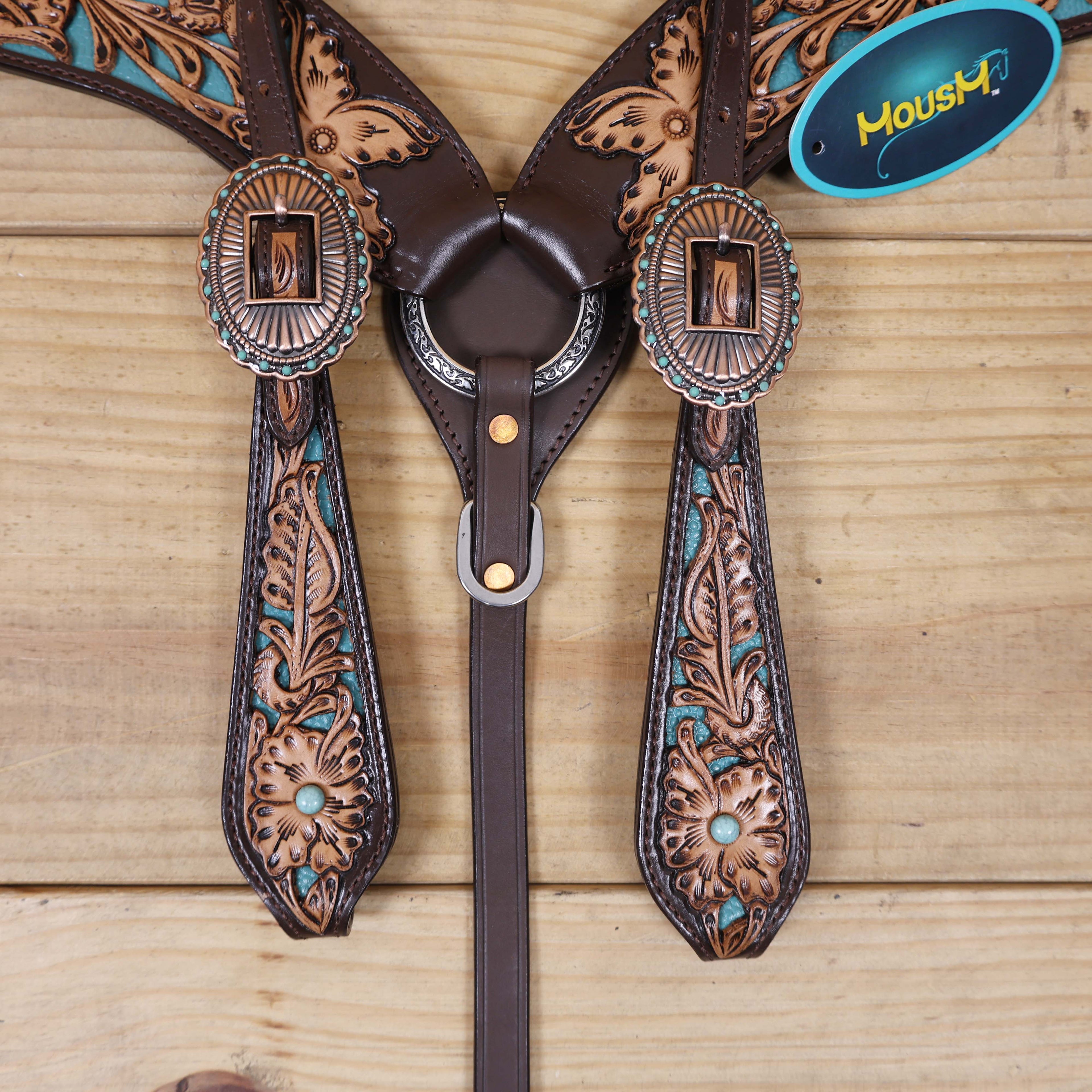 Western Headstall and Breast Collar Set Decorated with Flower Hand Tooled and Filigree Carving with Turquoise Inlay and Antique Finish Big Sunburst Buckles MOUSM