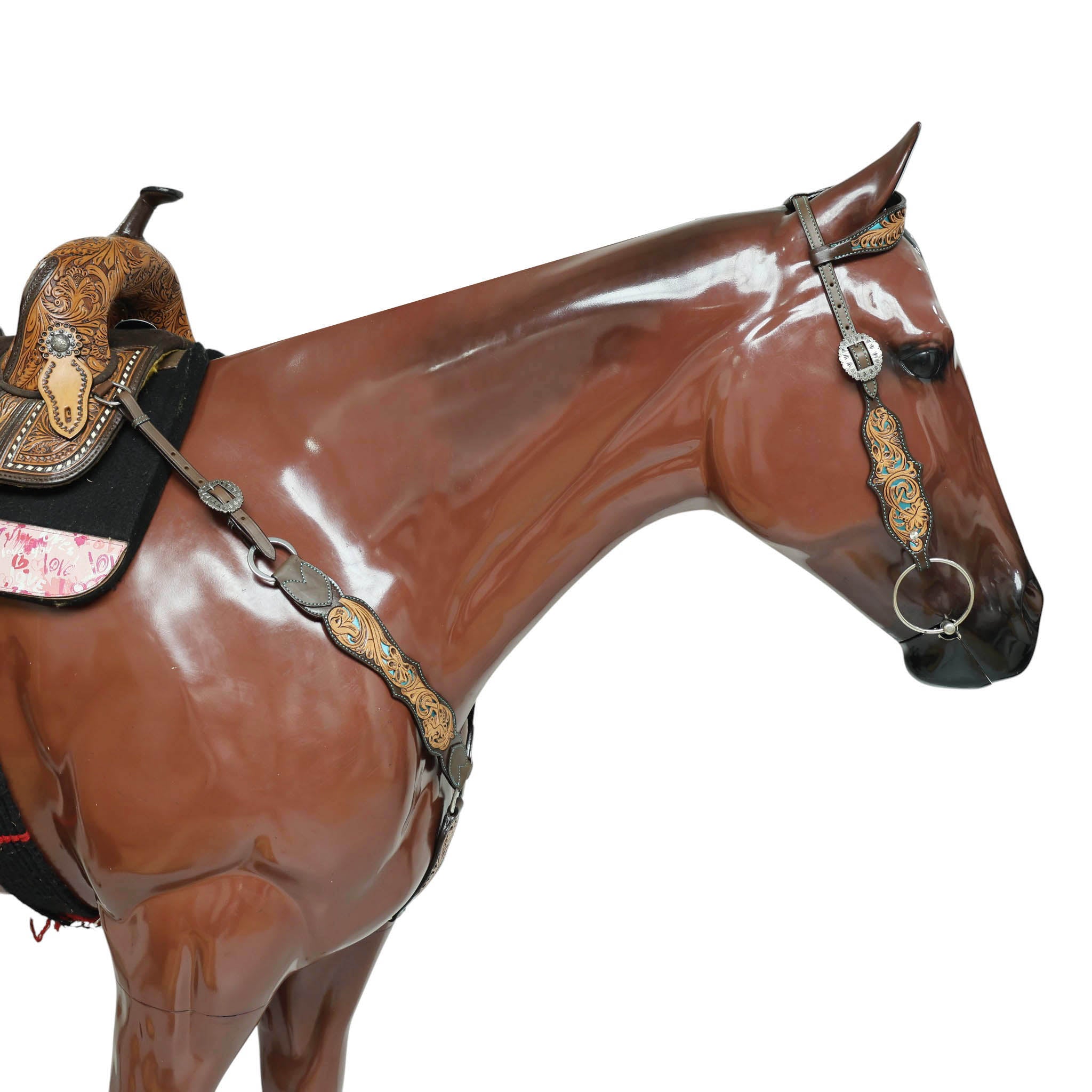 Western One Ear Headstall Tack Set Handcrafted from Argentina Cow Leather with Flower Hand Tooled and Filigree Carving with Turquoise Inlay MOUSM