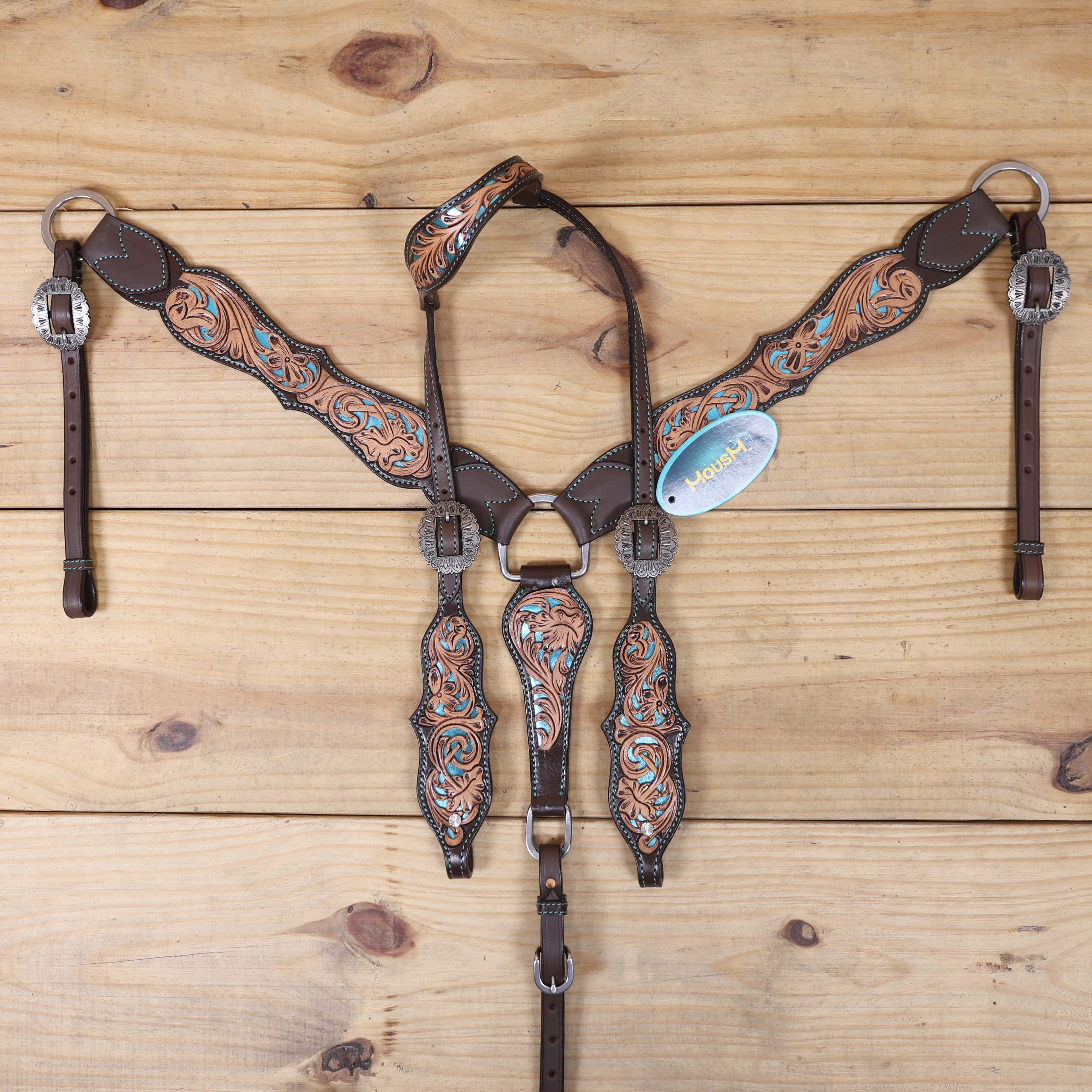 Western One Ear Headstall Tack Set Handcrafted from Argentina Cow Leather with Flower Hand Tooled and Filigree Carving with Turquoise Inlay MOUSM