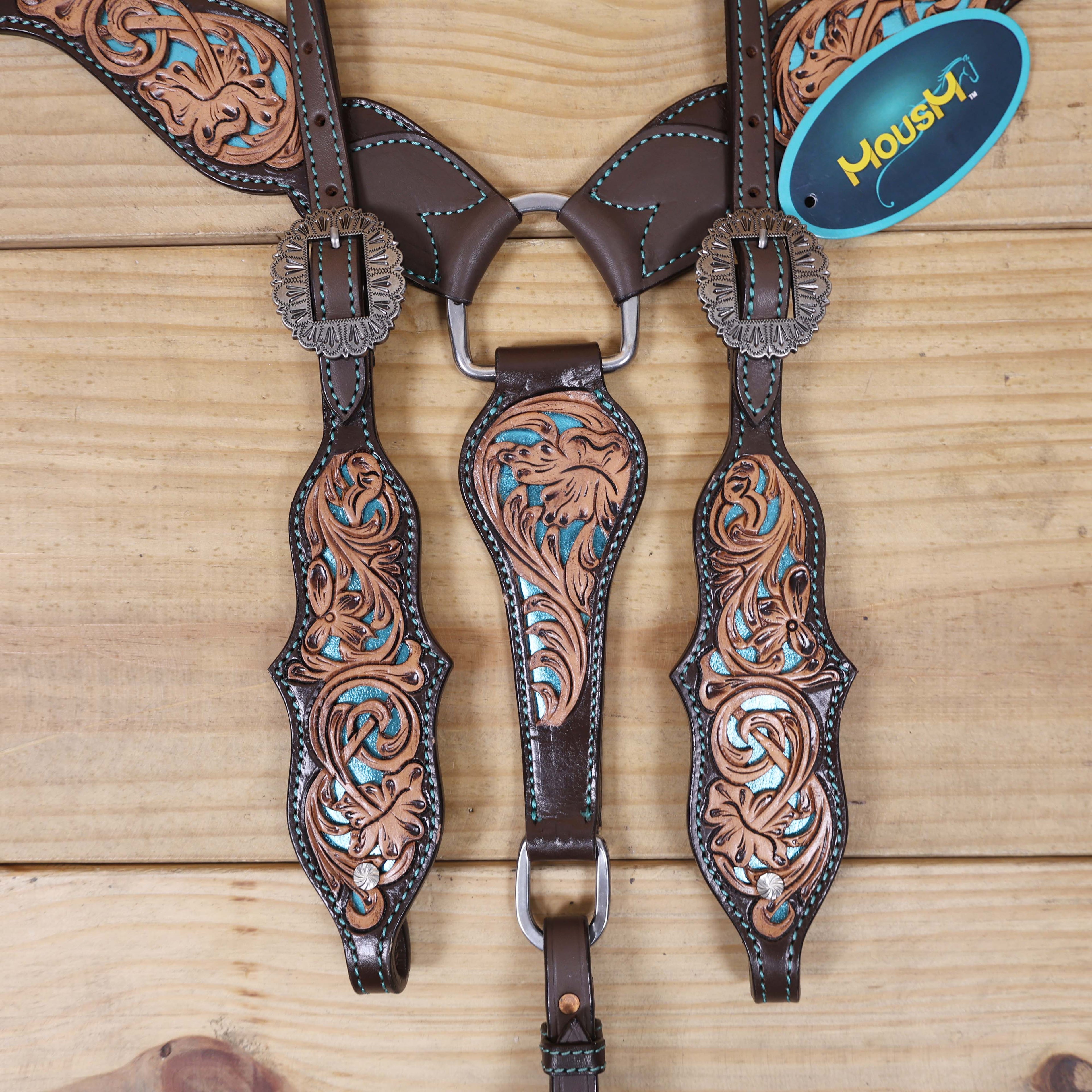 Western One Ear Headstall Tack Set Handcrafted from Argentina Cow Leather with Flower Hand Tooled and Filigree Carving with Turquoise Inlay MOUSM