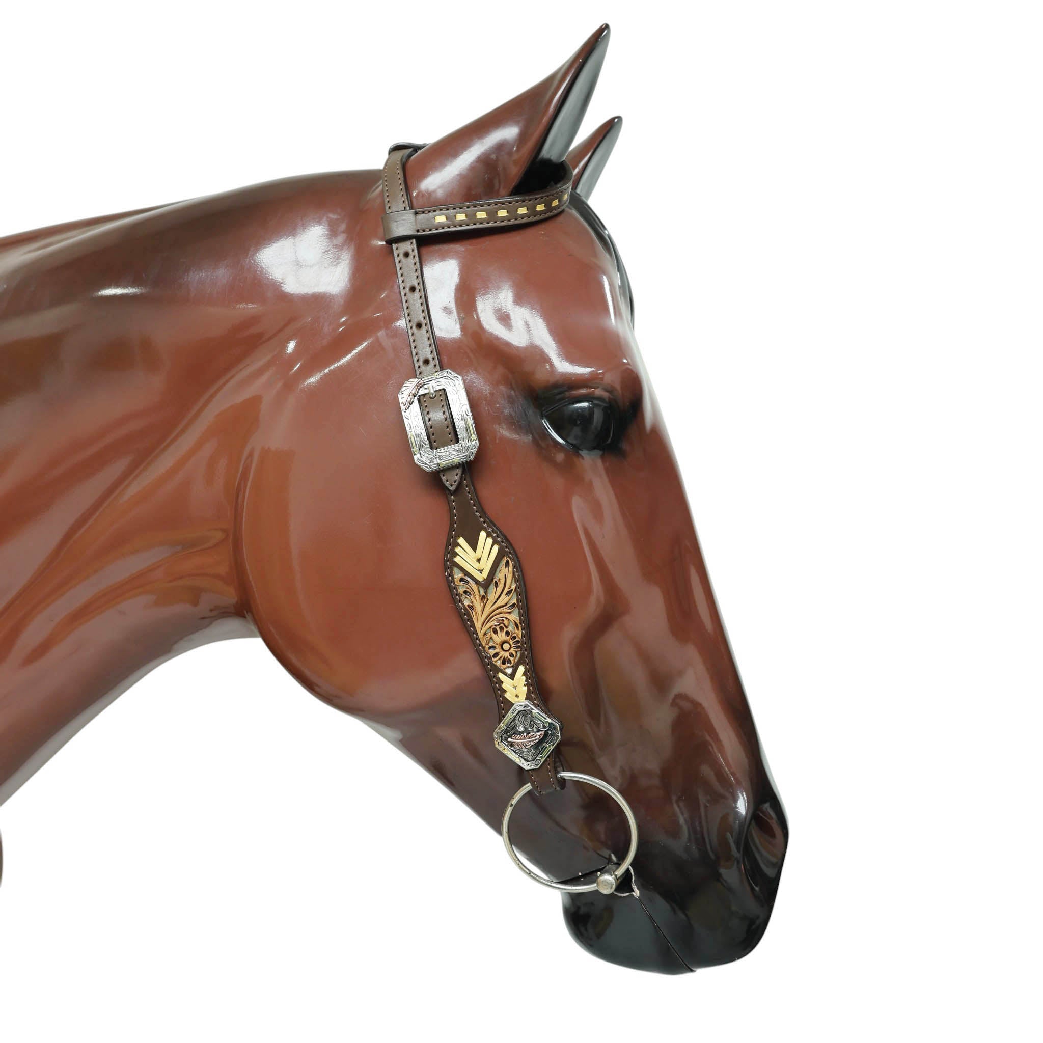 Western Leather Headstall and Breast Collar Tack Set Decorated with Flower Filigree Carving, Golden Rawhide Braiding, and 3 Tone Feather Hardware MOUSM