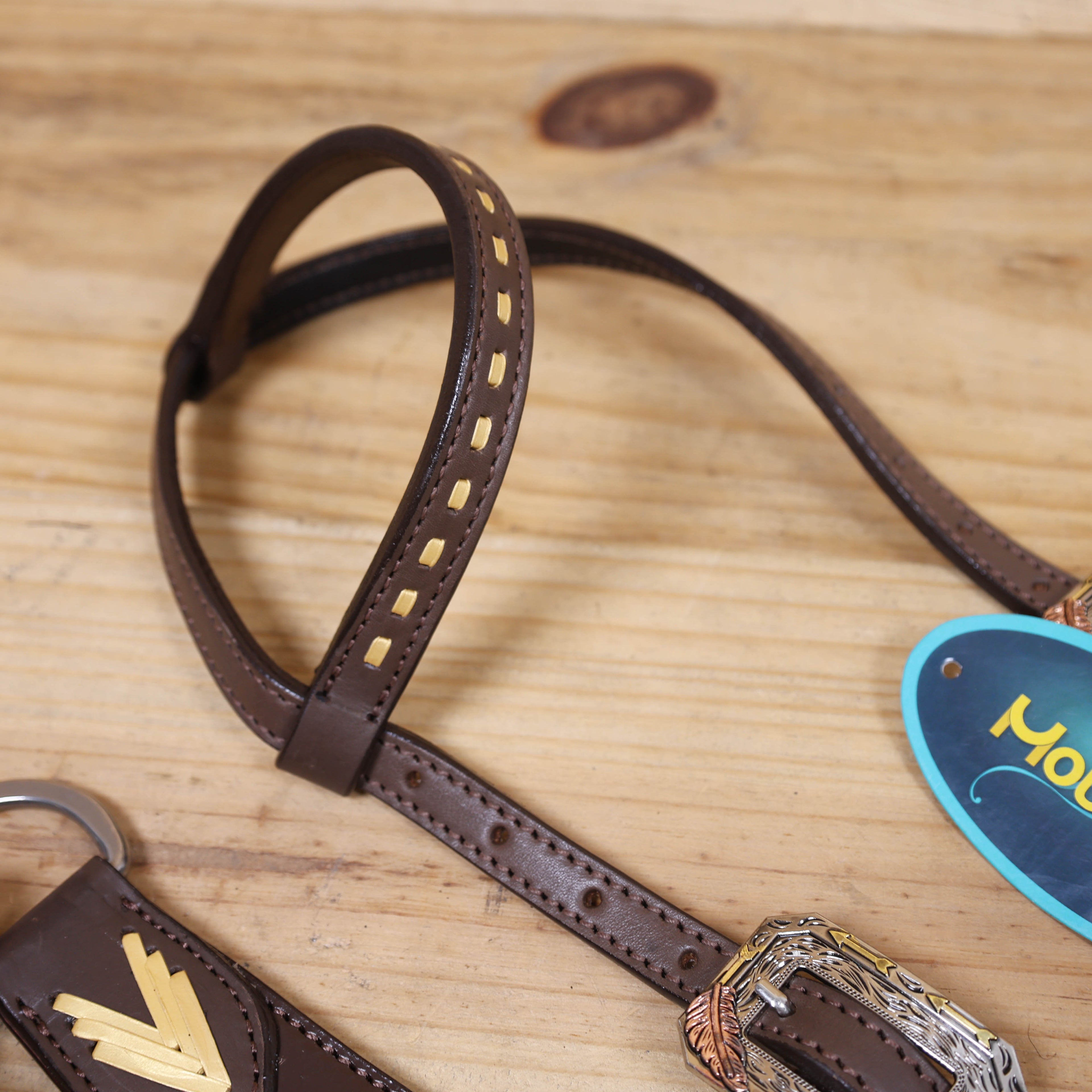 Western Leather Headstall and Breast Collar Tack Set Decorated with Flower Filigree Carving, Golden Rawhide Braiding, and 3 Tone Feather Hardware MOUSM