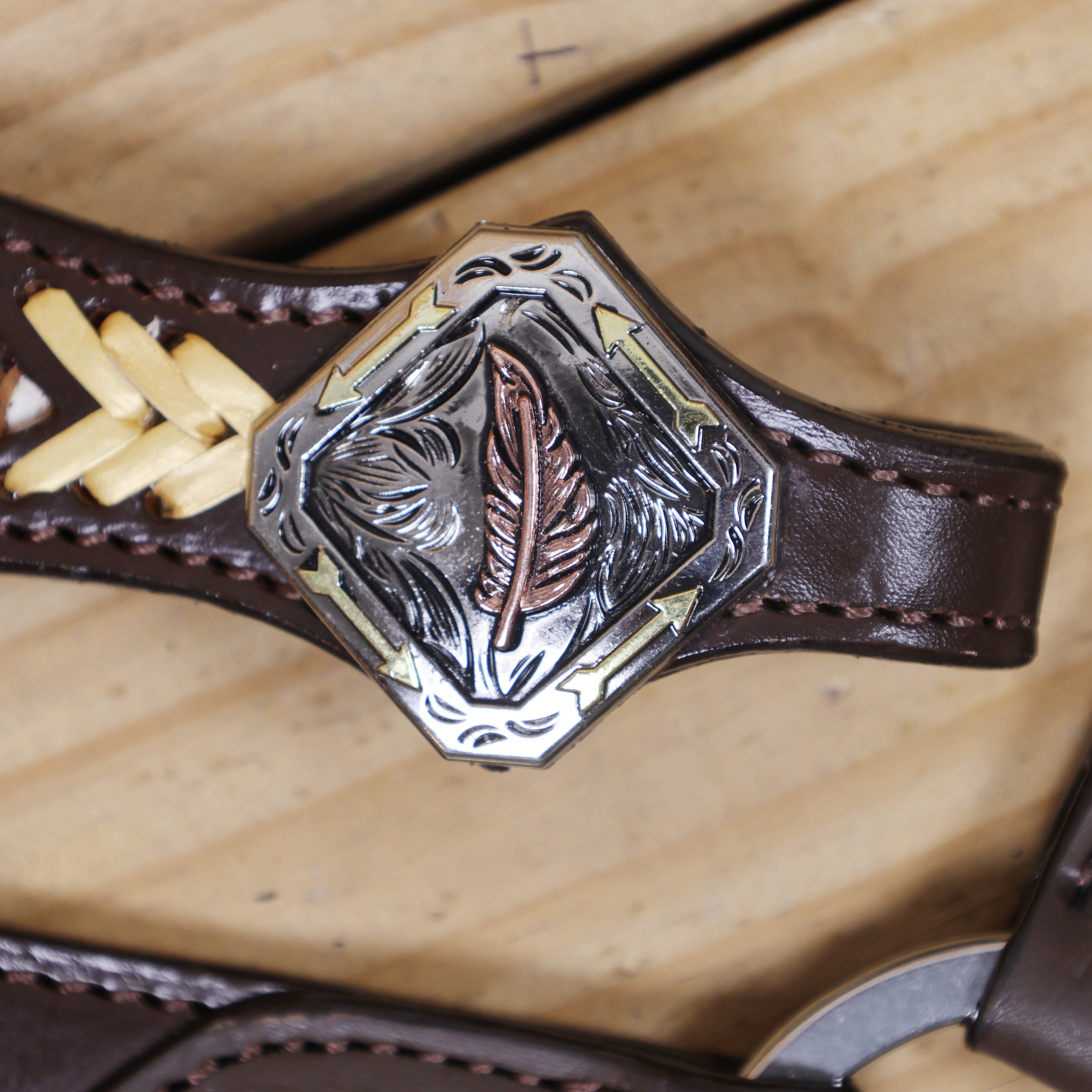 Western Leather Headstall and Breast Collar Tack Set Decorated with Flower Filigree Carving, Golden Rawhide Braiding, and 3 Tone Feather Hardware MOUSM