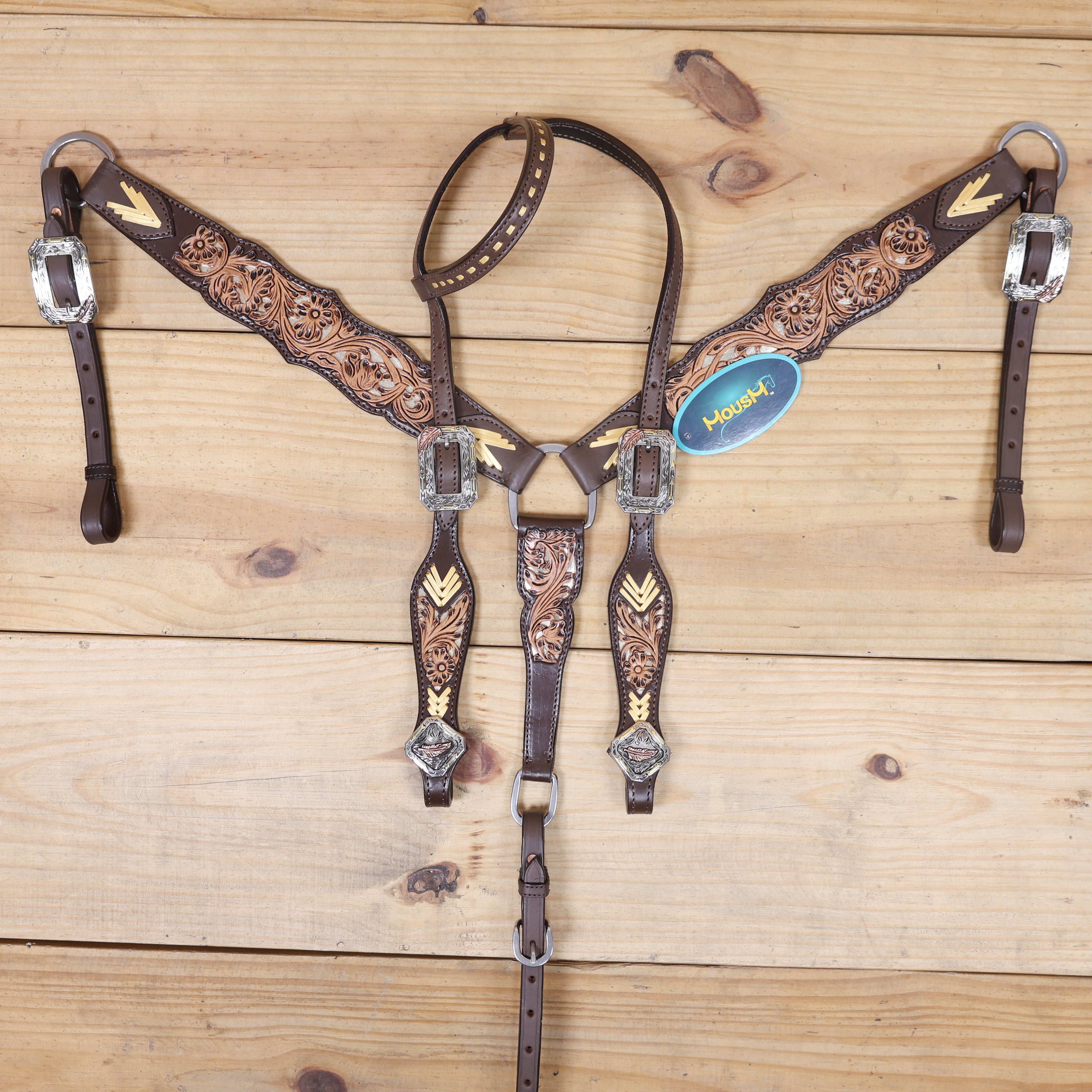 Western Leather Headstall and Breast Collar Tack Set Decorated with Flower Filigree Carving, Golden Rawhide Braiding, and 3 Tone Feather Hardware MOUSM