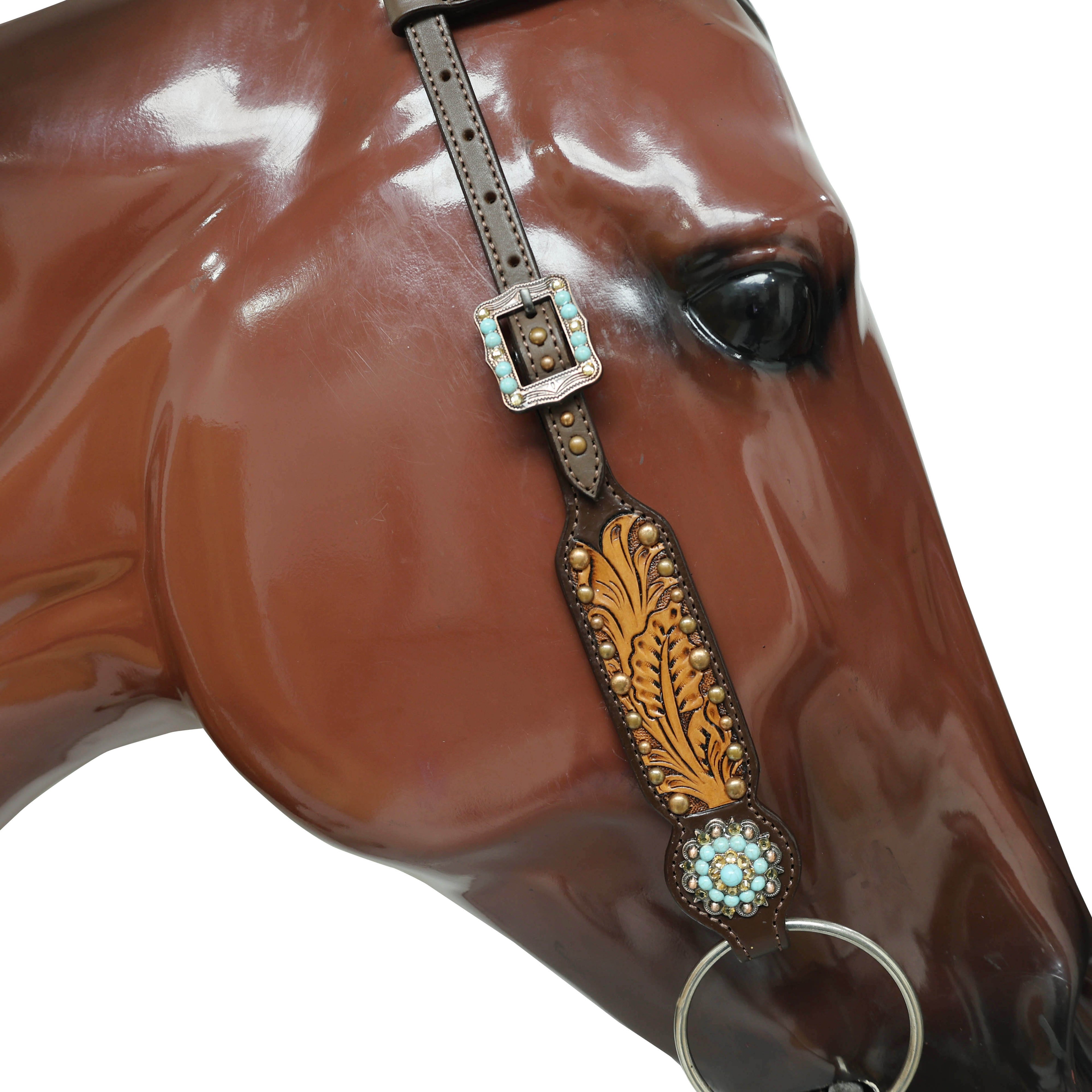 Western Headstall Breast Collar Set Decorated with Copper Studs, Leaf Carving, Turquoise Stone Berry Conchos with Golden Leather 3D Flower MOUSM
