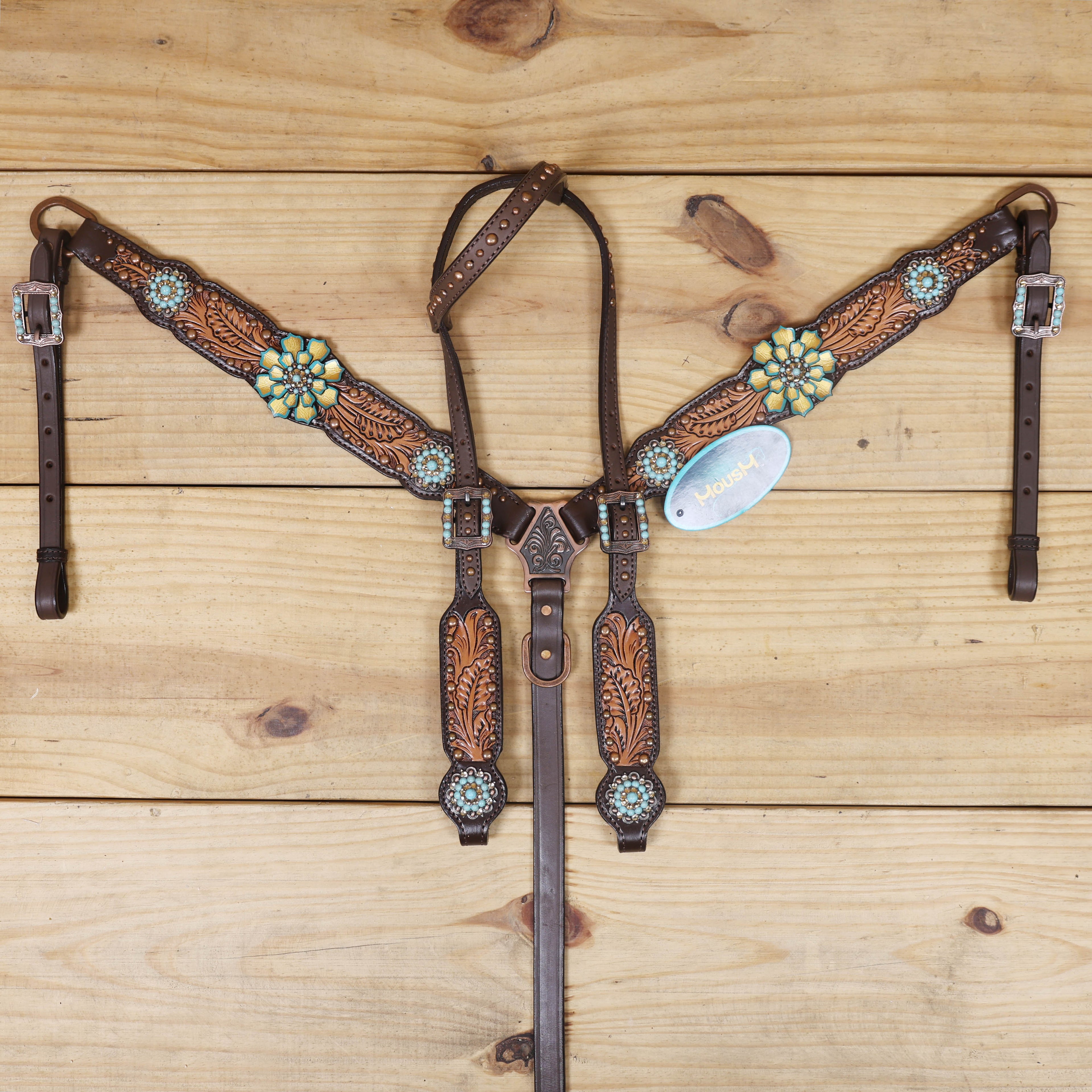 Western Headstall Breast Collar Set Decorated with Copper Studs, Leaf Carving, Turquoise Stone Berry Conchos with Golden Leather 3D Flower MOUSM