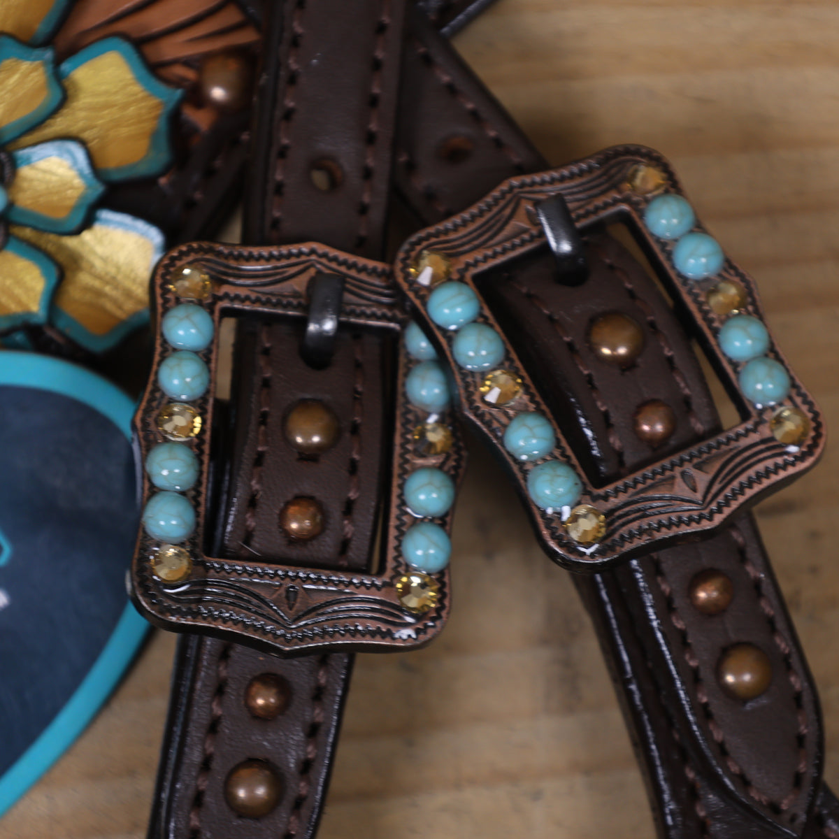 Leaf Carving with Golden Leather 3D Flower Horse Tack Set