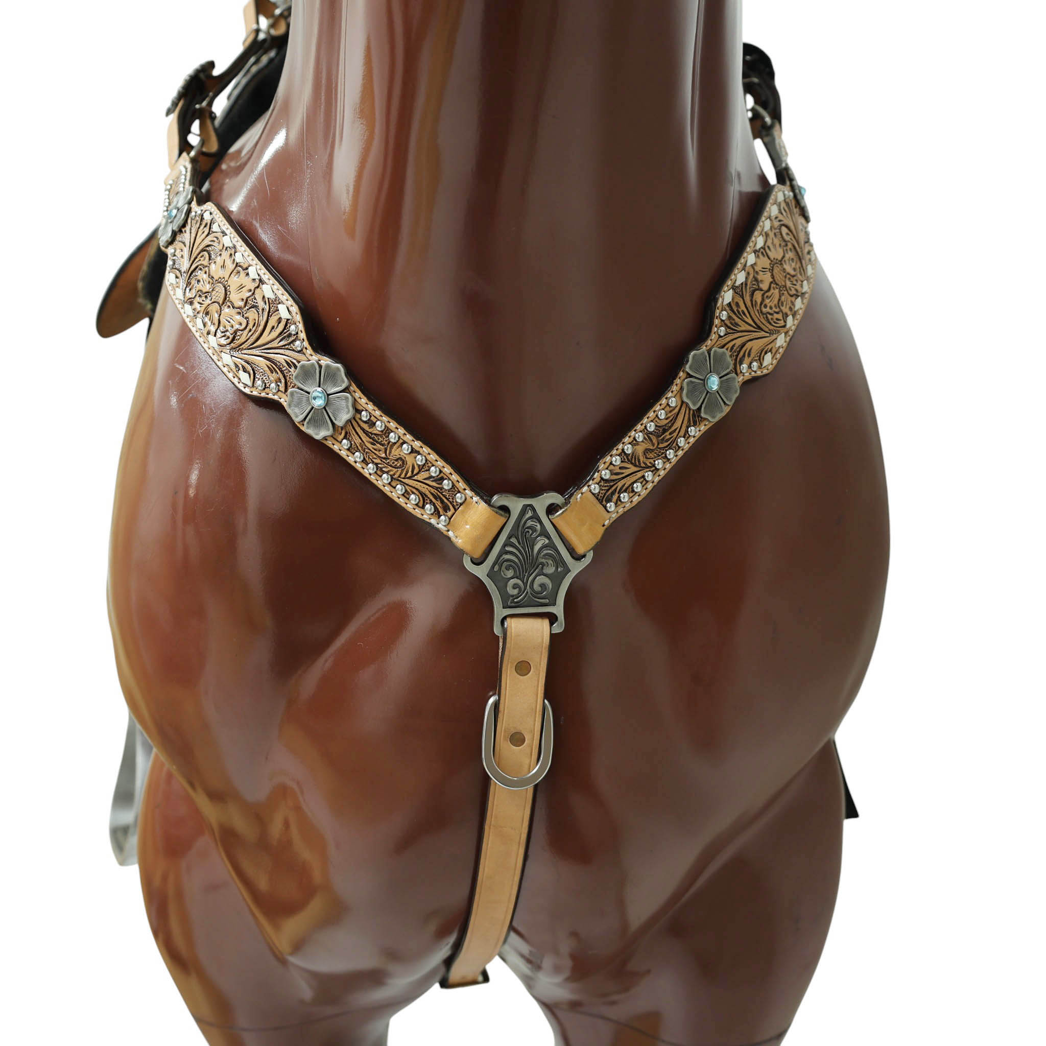 Western Horse Headstall and Breast Collar Decorated with Flower Carving, Nickel Studs, Rawhide Buck Stitching, and Flower Shape Conchos MOUSM