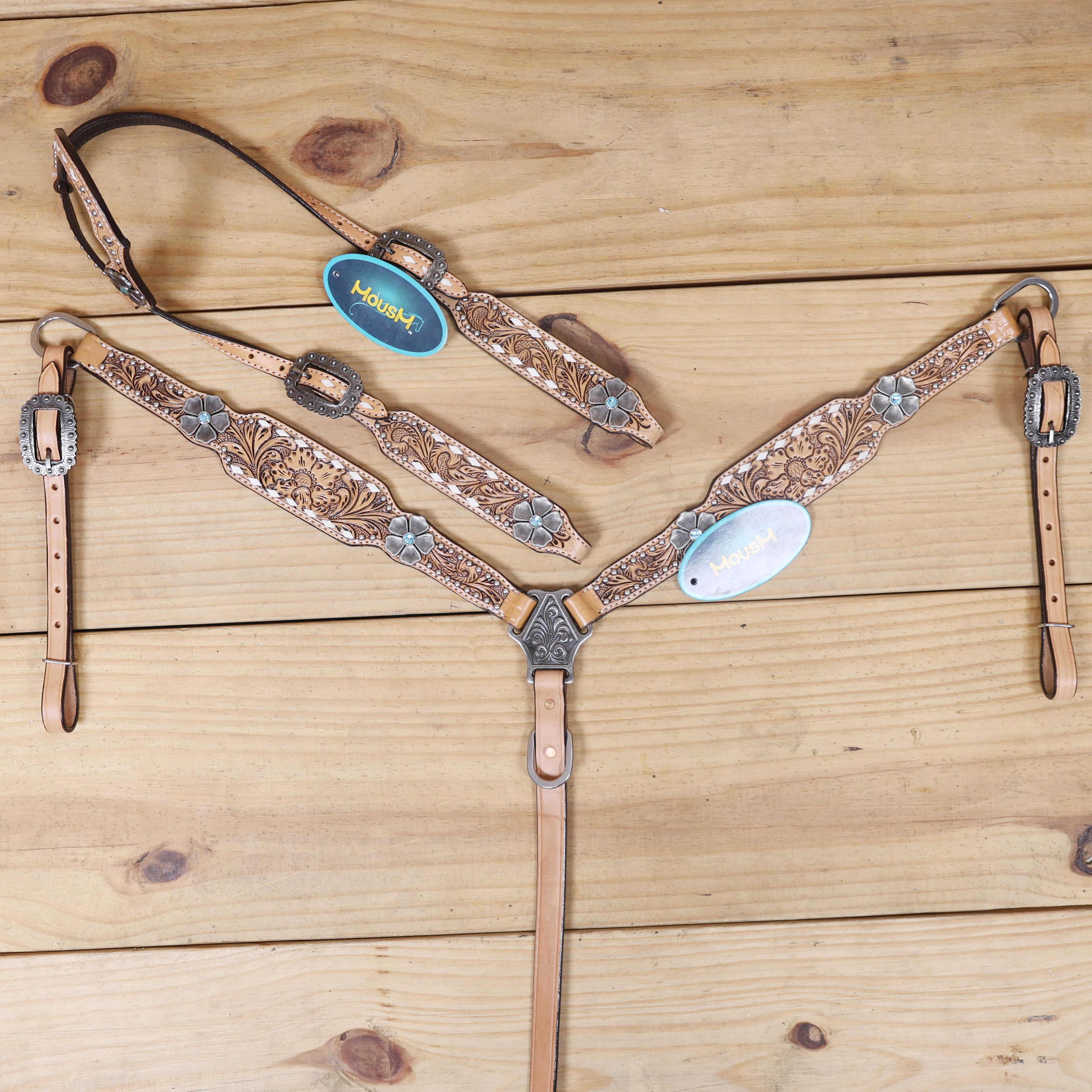 Western Horse Headstall and Breast Collar Decorated with Flower Carving, Nickel Studs, Rawhide Buck Stitching, and Flower Shape Conchos MOUSM