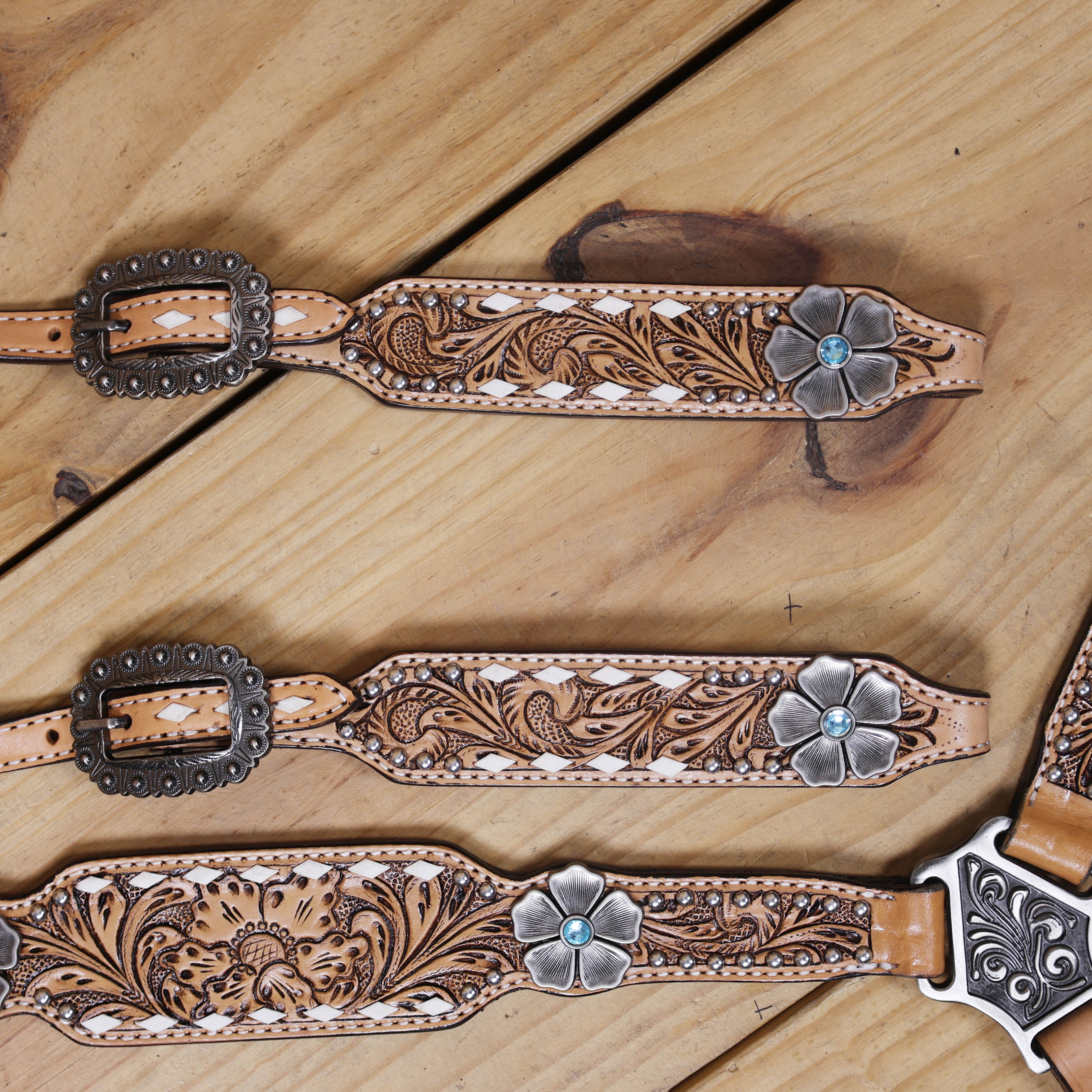 Western Horse Headstall and Breast Collar Decorated with Flower Carving, Nickel Studs, Rawhide Buck Stitching, and Flower Shape Conchos MOUSM