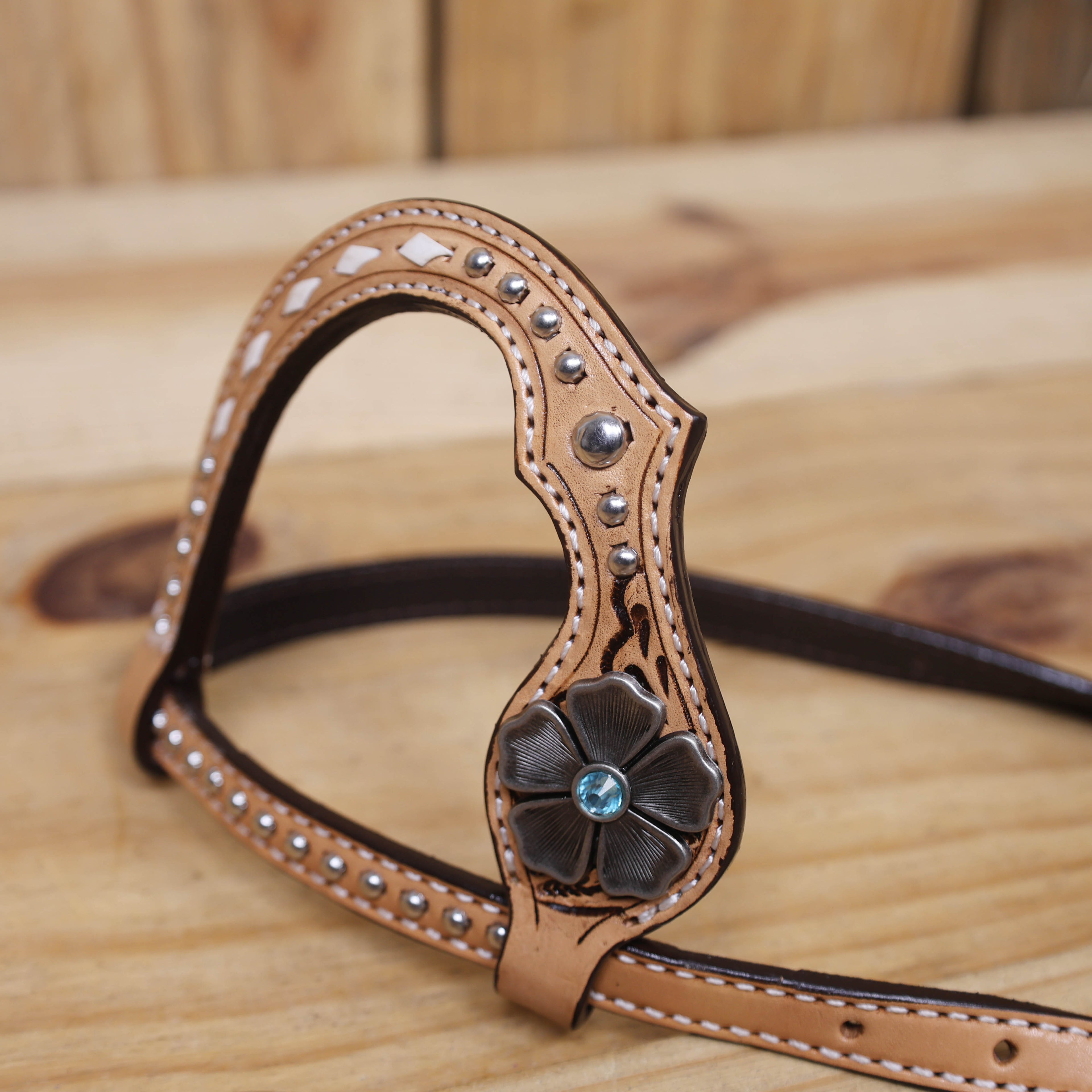 Western Horse Headstall and Breast Collar Decorated with Flower Carving, Nickel Studs, Rawhide Buck Stitching, and Flower Shape Conchos MOUSM