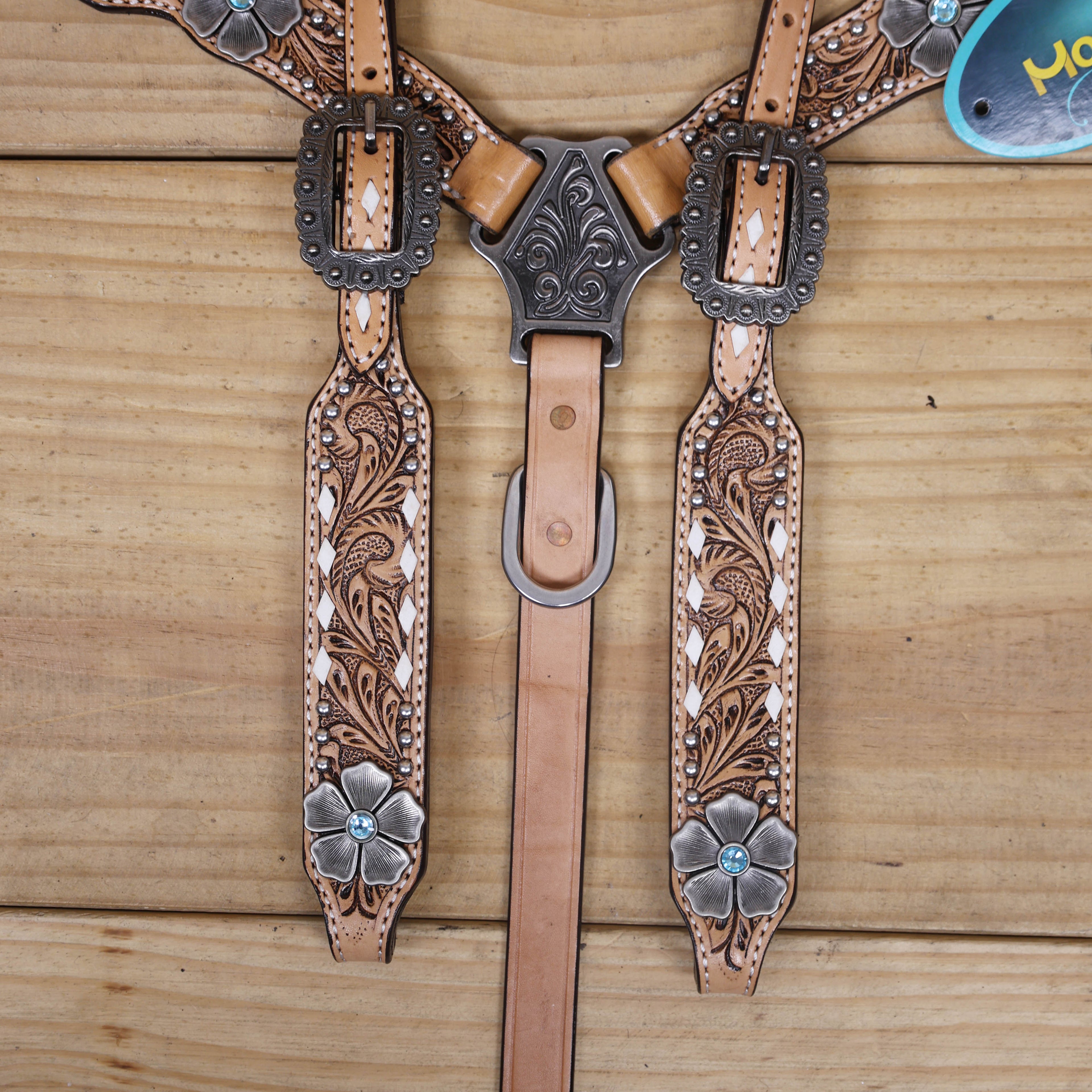 Western Horse Headstall and Breast Collar Decorated with Flower Carving, Nickel Studs, Rawhide Buck Stitching, and Flower Shape Conchos MOUSM