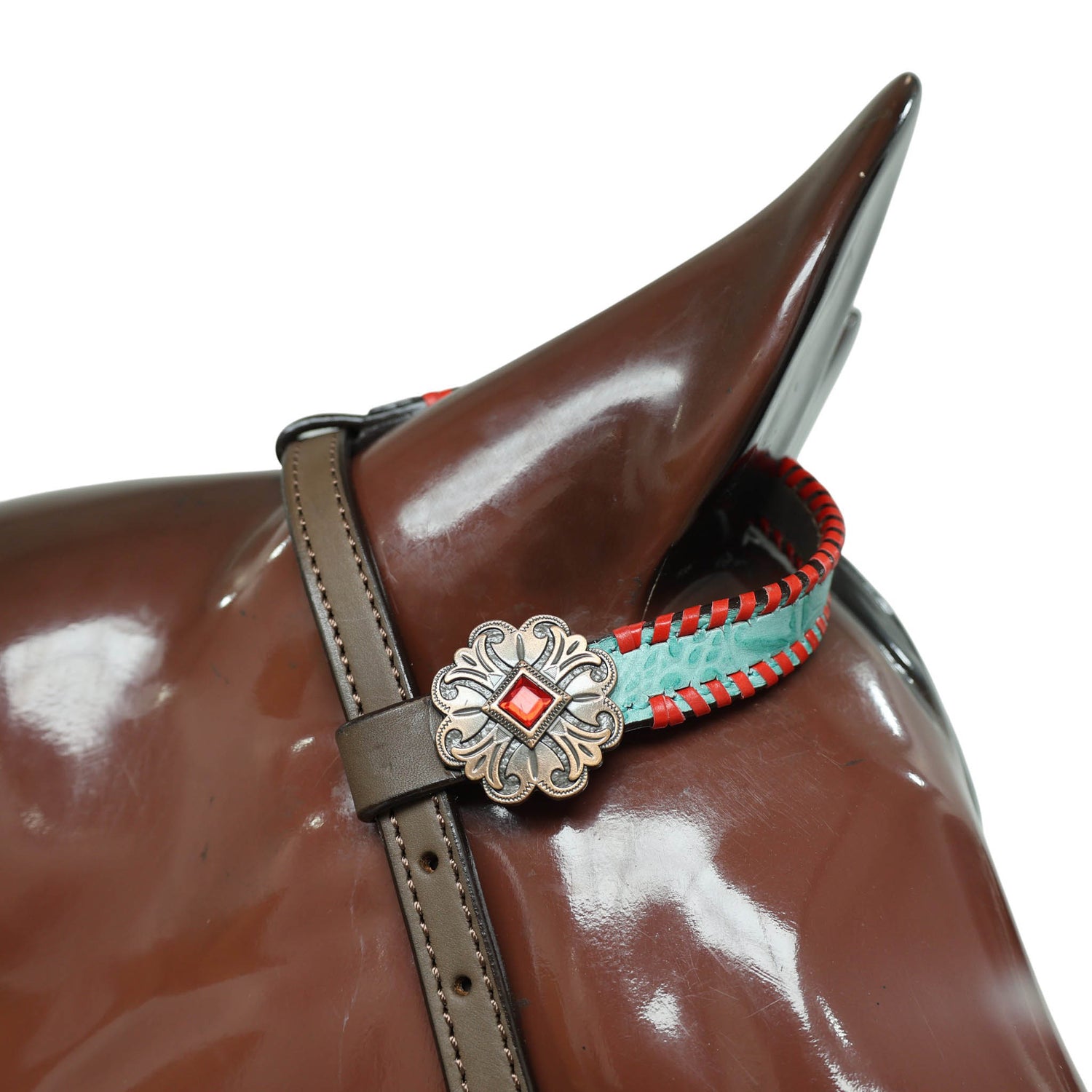 Western Breast Collar and Headstall Set Decorated with Red Rawhide Whip Stitching, Flower Carving, Turquoise Inlay, and Red Jewel Conchos MOUSM