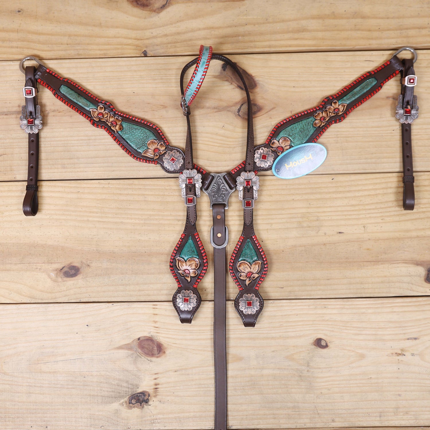 Western Breast Collar and Headstall Set Decorated with Red Rawhide Whip Stitching, Flower Carving, Turquoise Inlay, and Red Jewel Conchos MOUSM