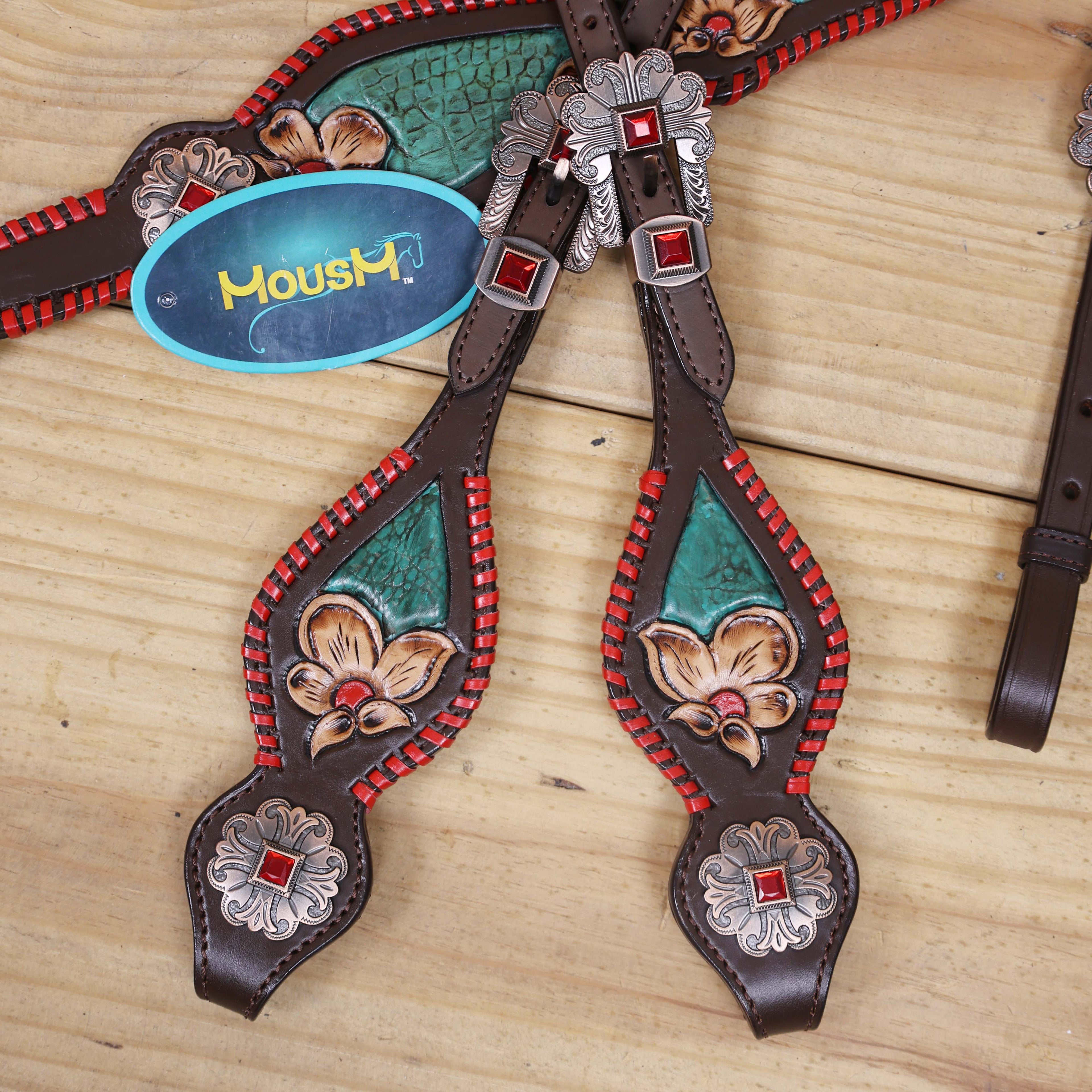 Western Breast Collar and Headstall Set Decorated with Red Rawhide Whip Stitching, Flower Carving, Turquoise Inlay, and Red Jewel Conchos MOUSM