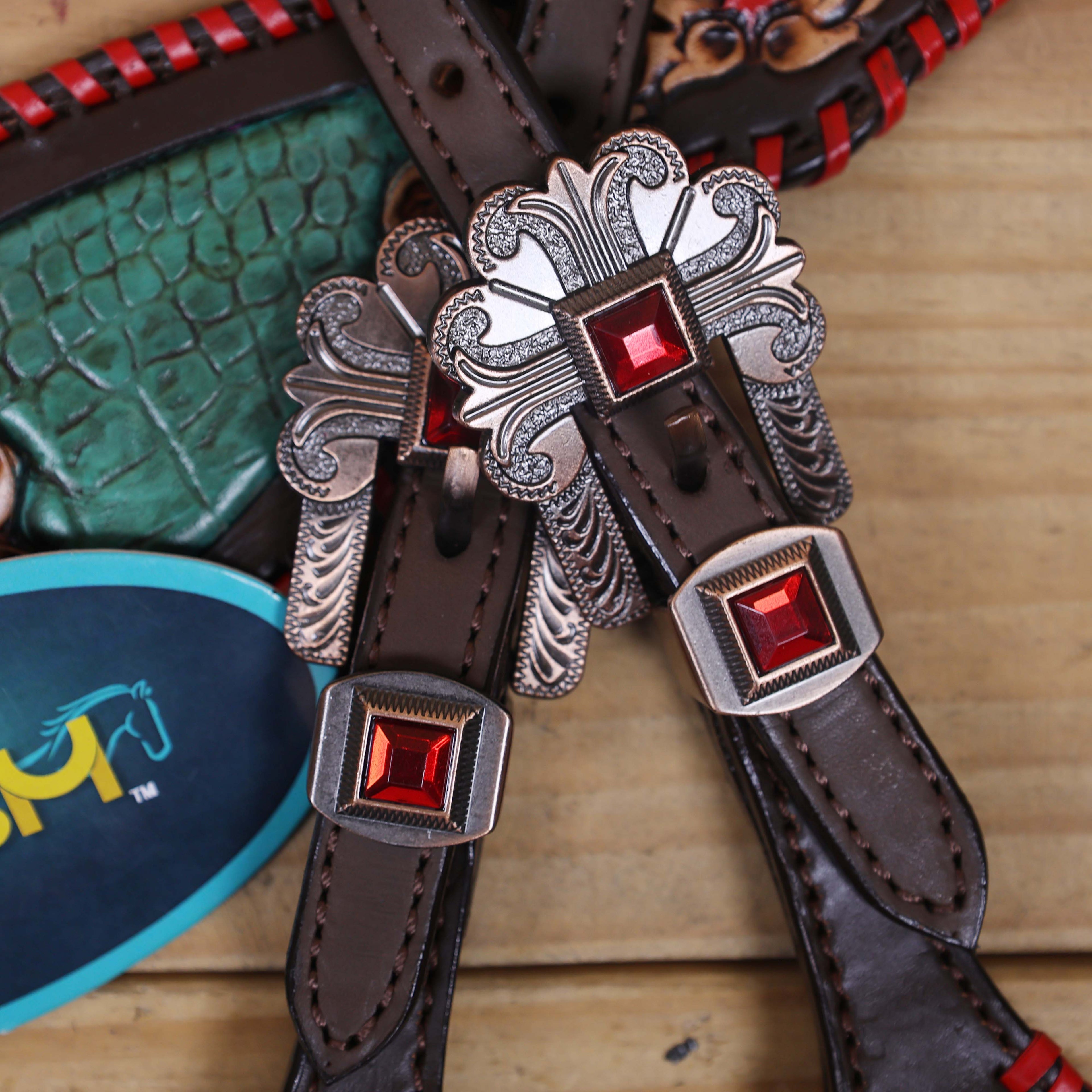 Western Breast Collar and Headstall Set Decorated with Red Rawhide Whip Stitching, Flower Carving, Turquoise Inlay, and Red Jewel Conchos MOUSM