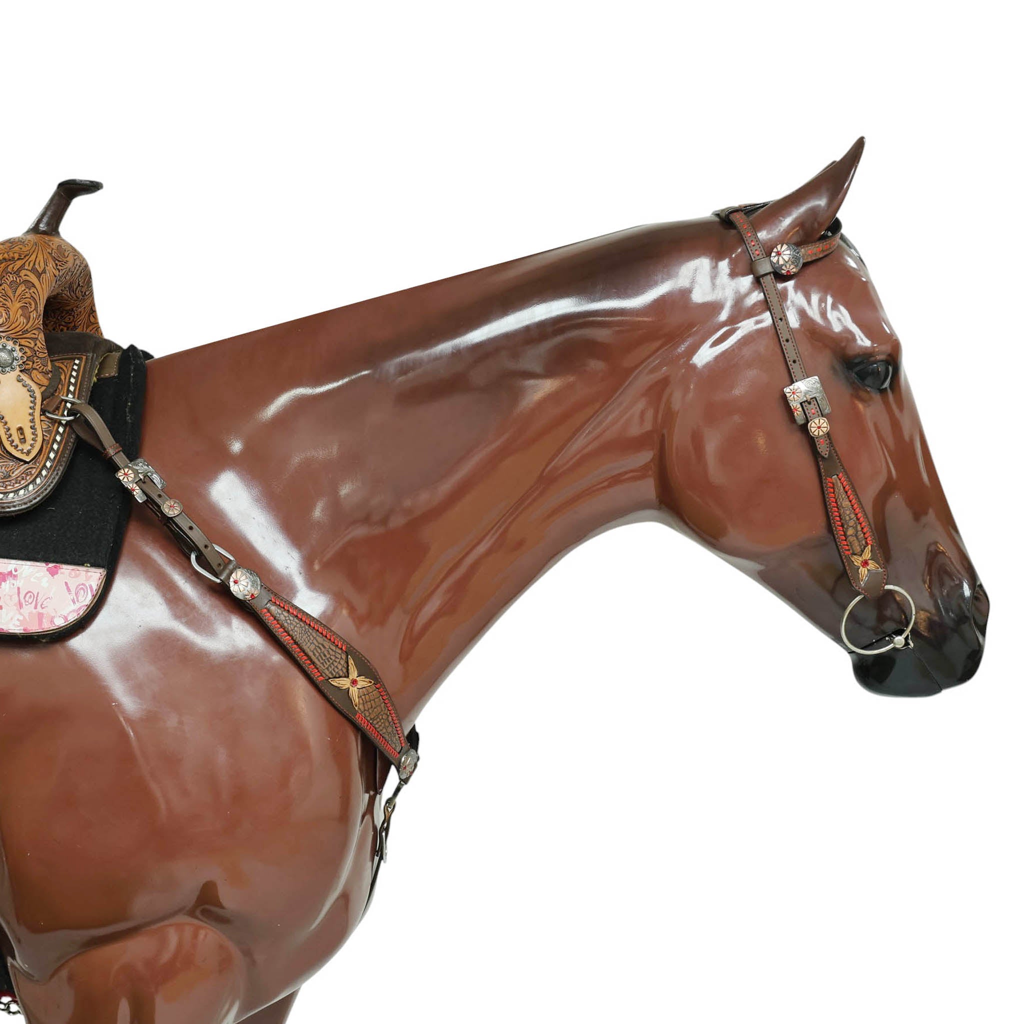 Western Headstall Set with Alligator Skin Textured Inlay and Red Rawhide Whip Stitching, Red Jewel Flower Carving and Two-Tone Hardware MOUSM