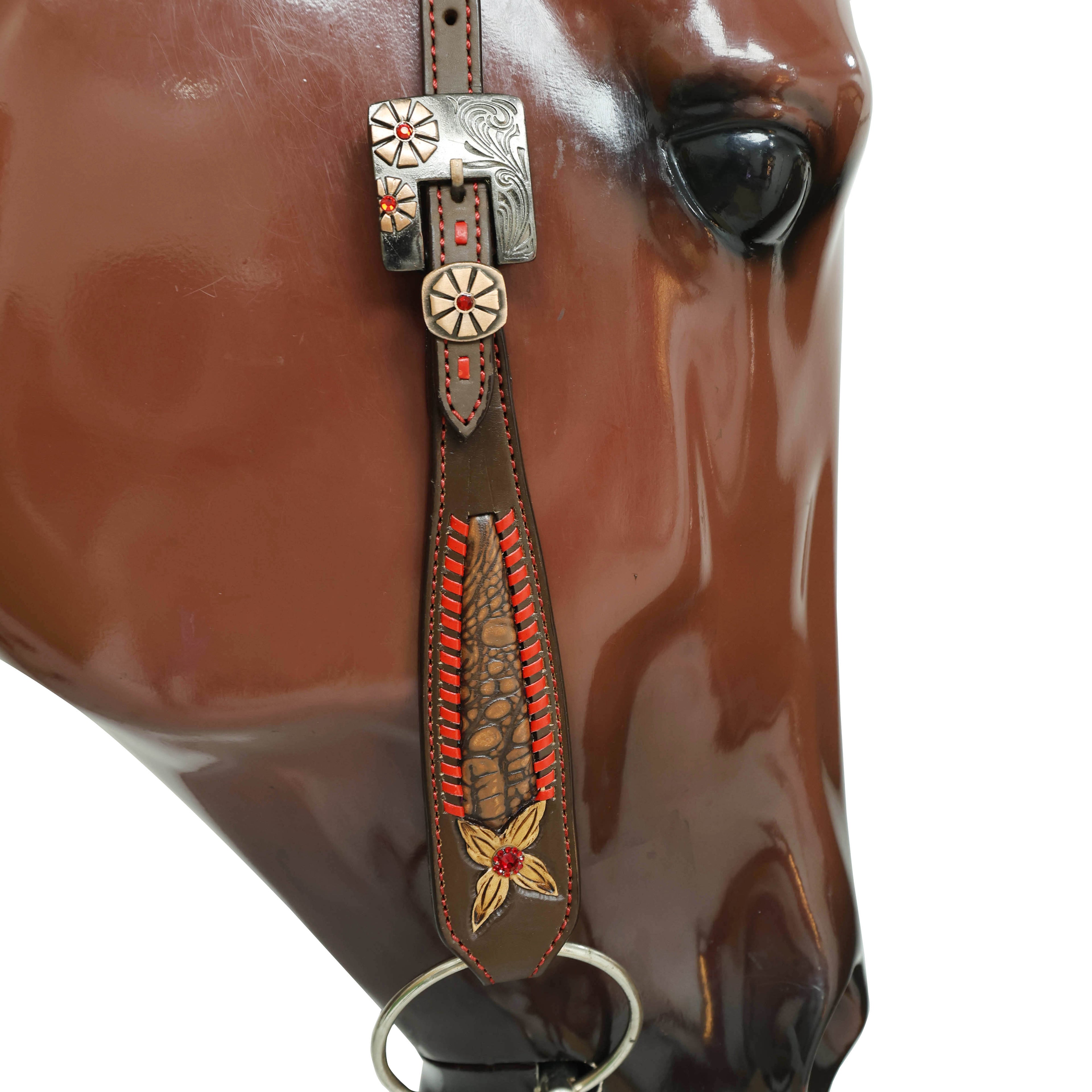 Western Headstall Set with Alligator Skin Textured Inlay and Red Rawhide Whip Stitching, Red Jewel Flower Carving and Two-Tone Hardware MOUSM