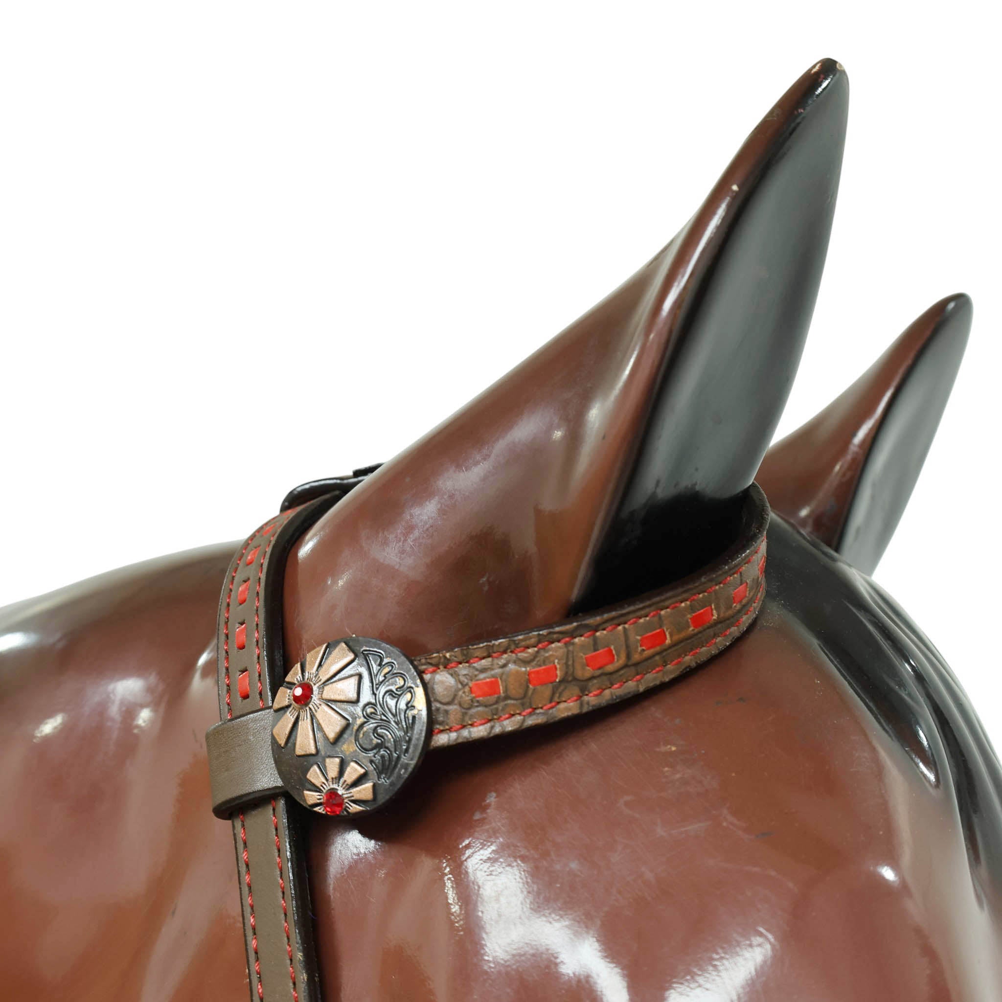 Western Headstall Set with Alligator Skin Textured Inlay and Red Rawhide Whip Stitching, Red Jewel Flower Carving and Two-Tone Hardware MOUSM