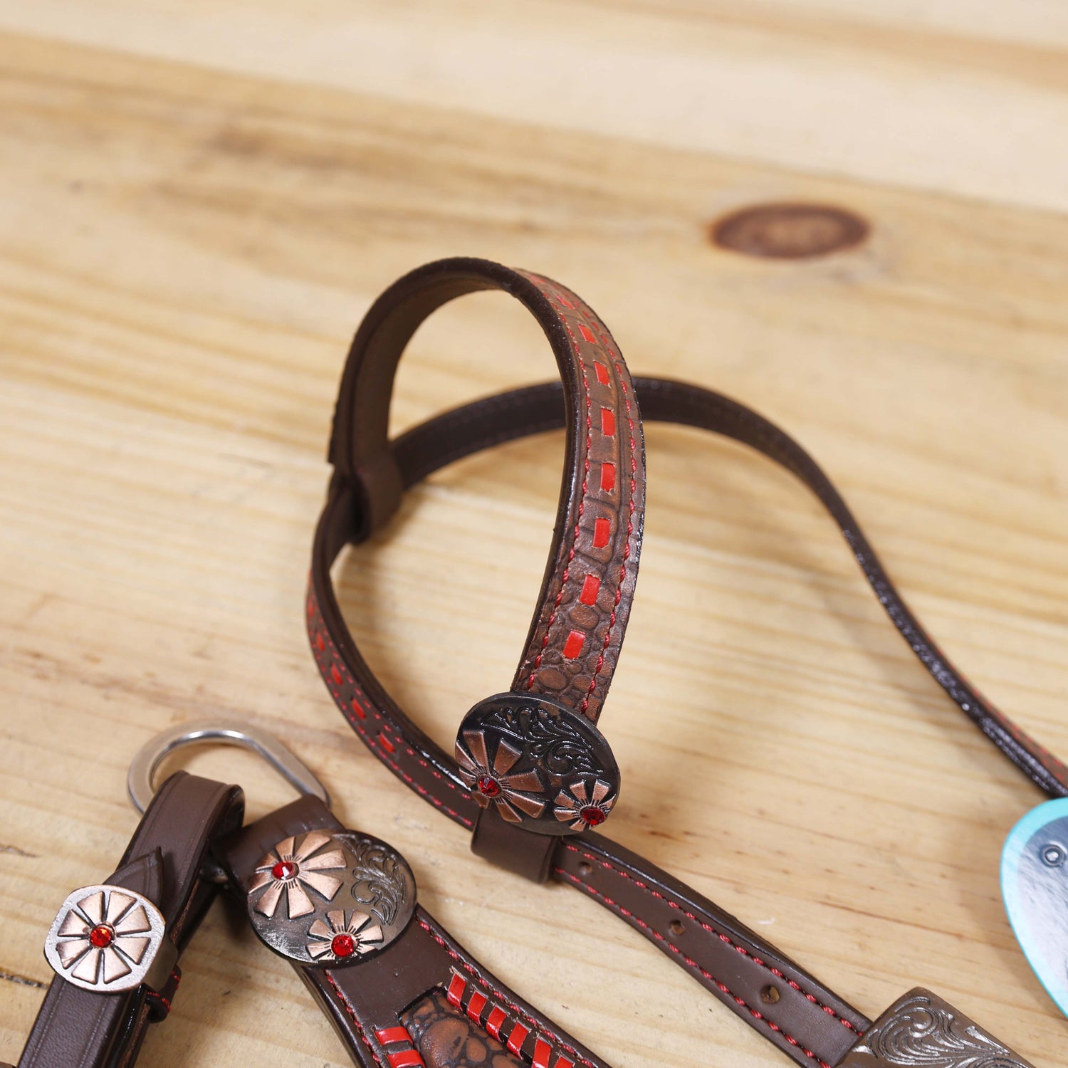 Western Headstall Set with Alligator Skin Textured Inlay and Red Rawhide Whip Stitching, Red Jewel Flower Carving and Two-Tone Hardware MOUSM