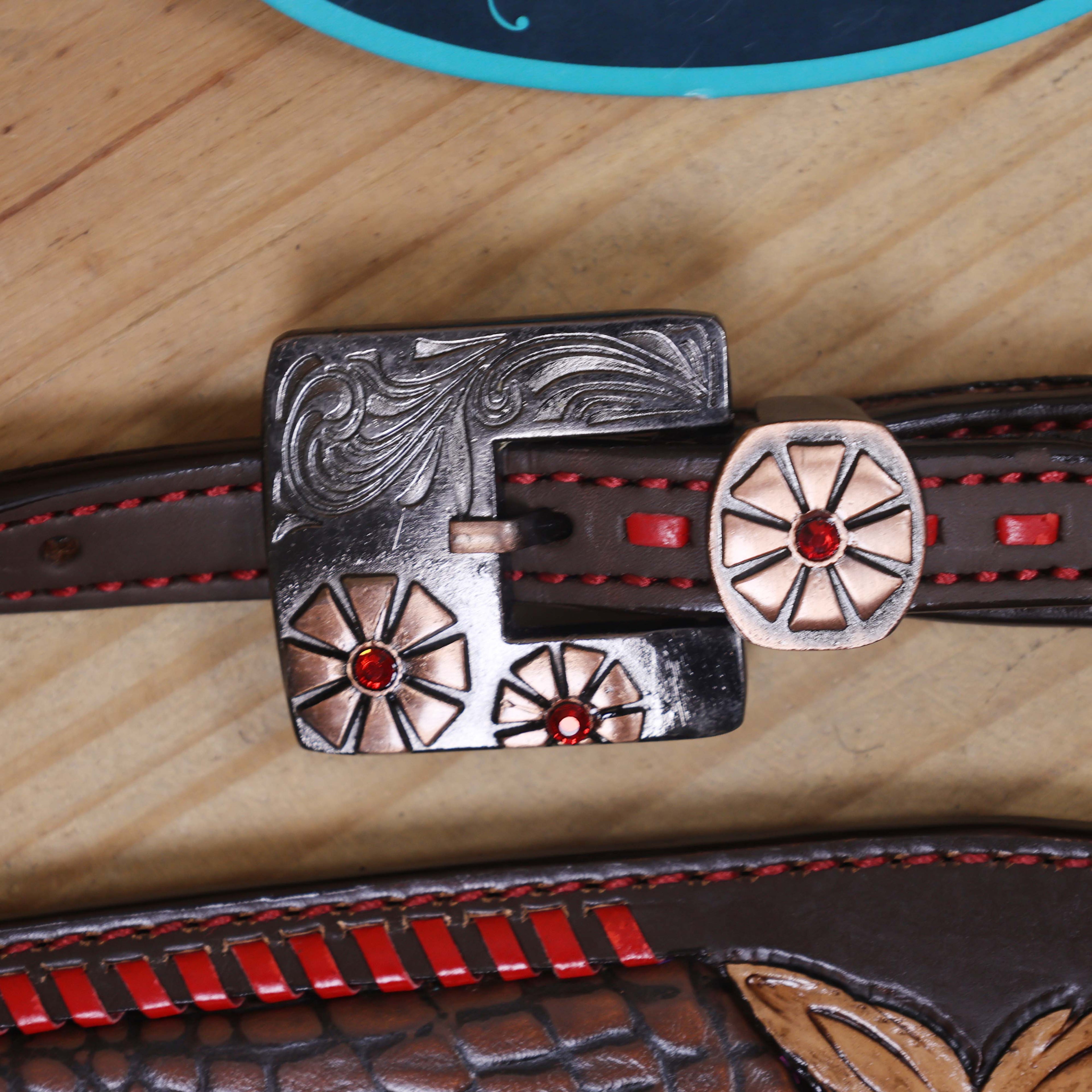 Western Headstall Set with Alligator Skin Textured Inlay and Red Rawhide Whip Stitching, Red Jewel Flower Carving and Two-Tone Hardware MOUSM