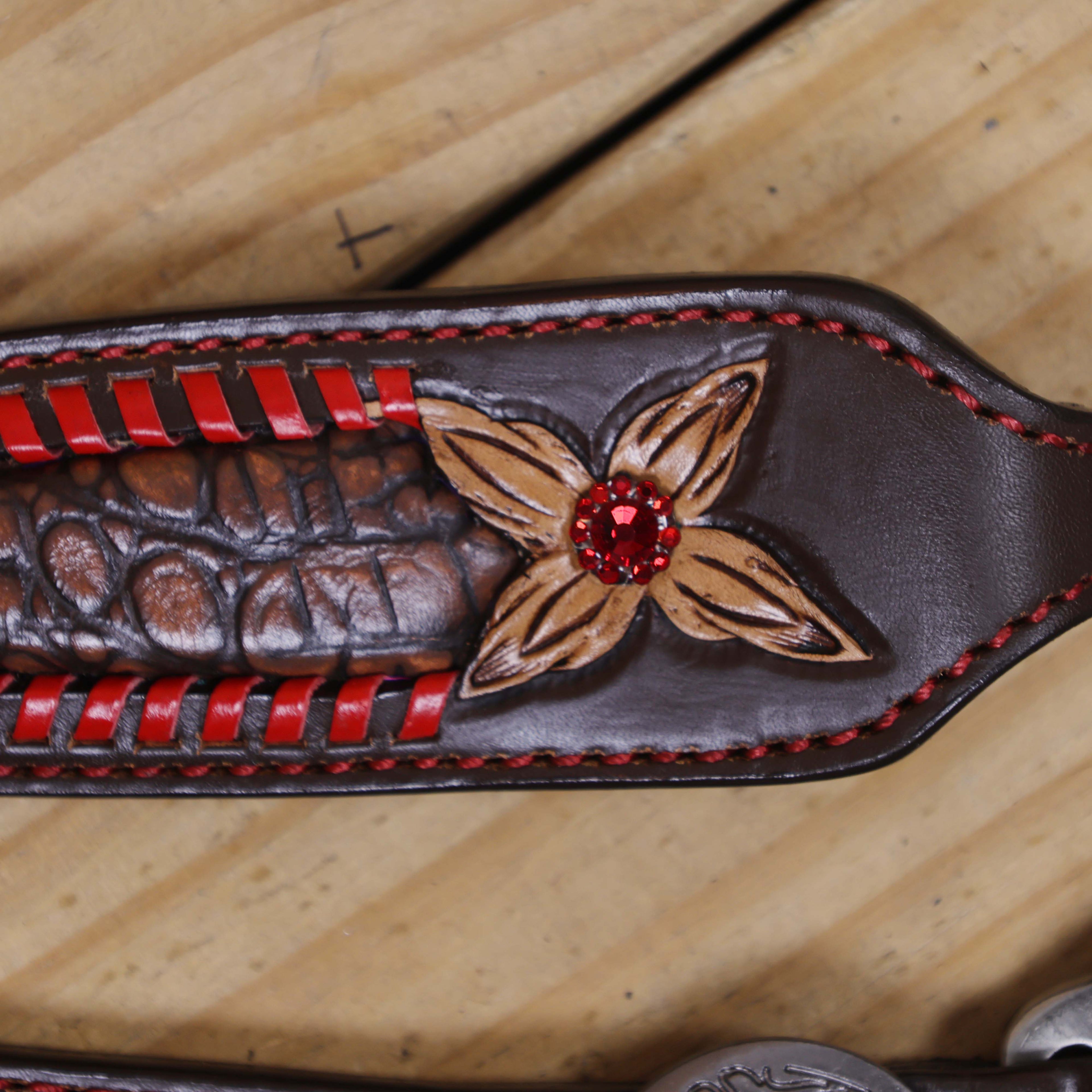 Western Headstall Set with Alligator Skin Textured Inlay and Red Rawhide Whip Stitching, Red Jewel Flower Carving and Two-Tone Hardware MOUSM