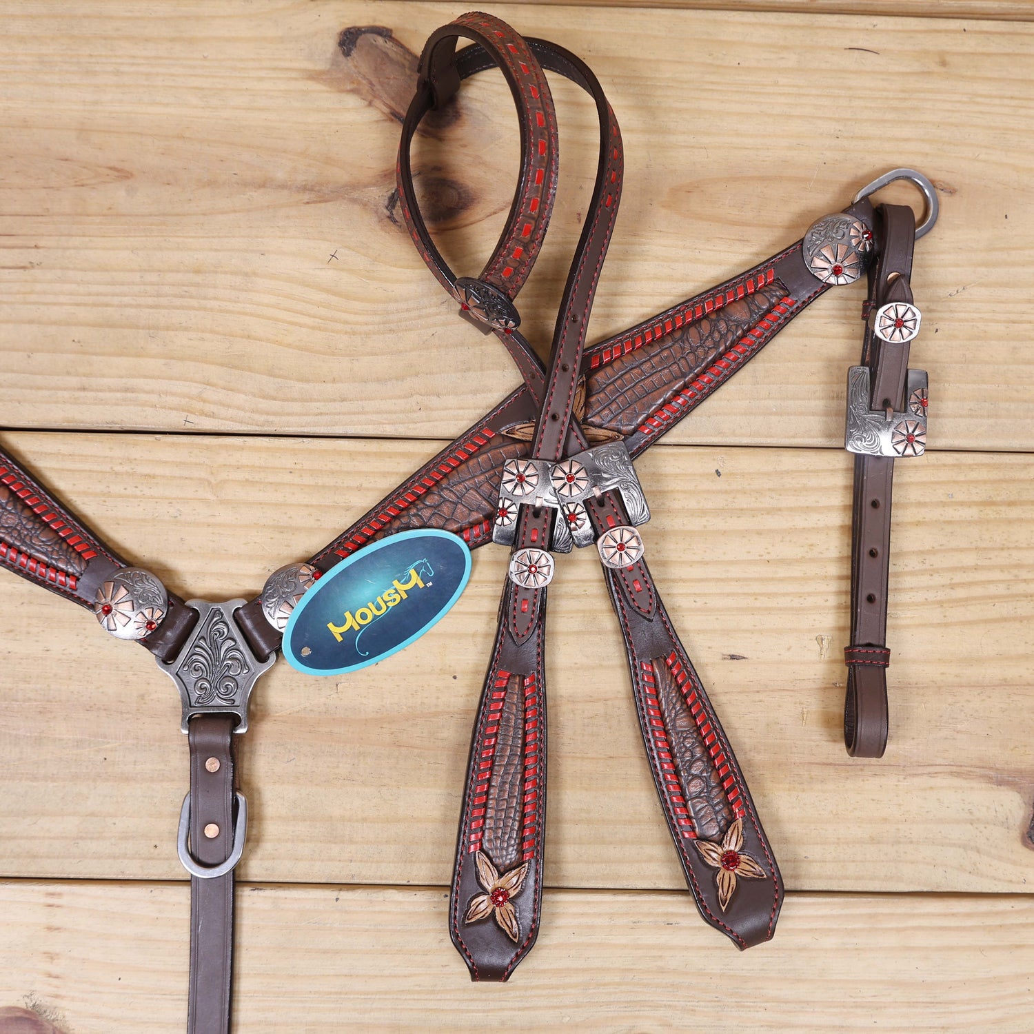 Western Headstall Set with Alligator Skin Textured Inlay and Red Rawhide Whip Stitching, Red Jewel Flower Carving and Two-Tone Hardware MOUSM