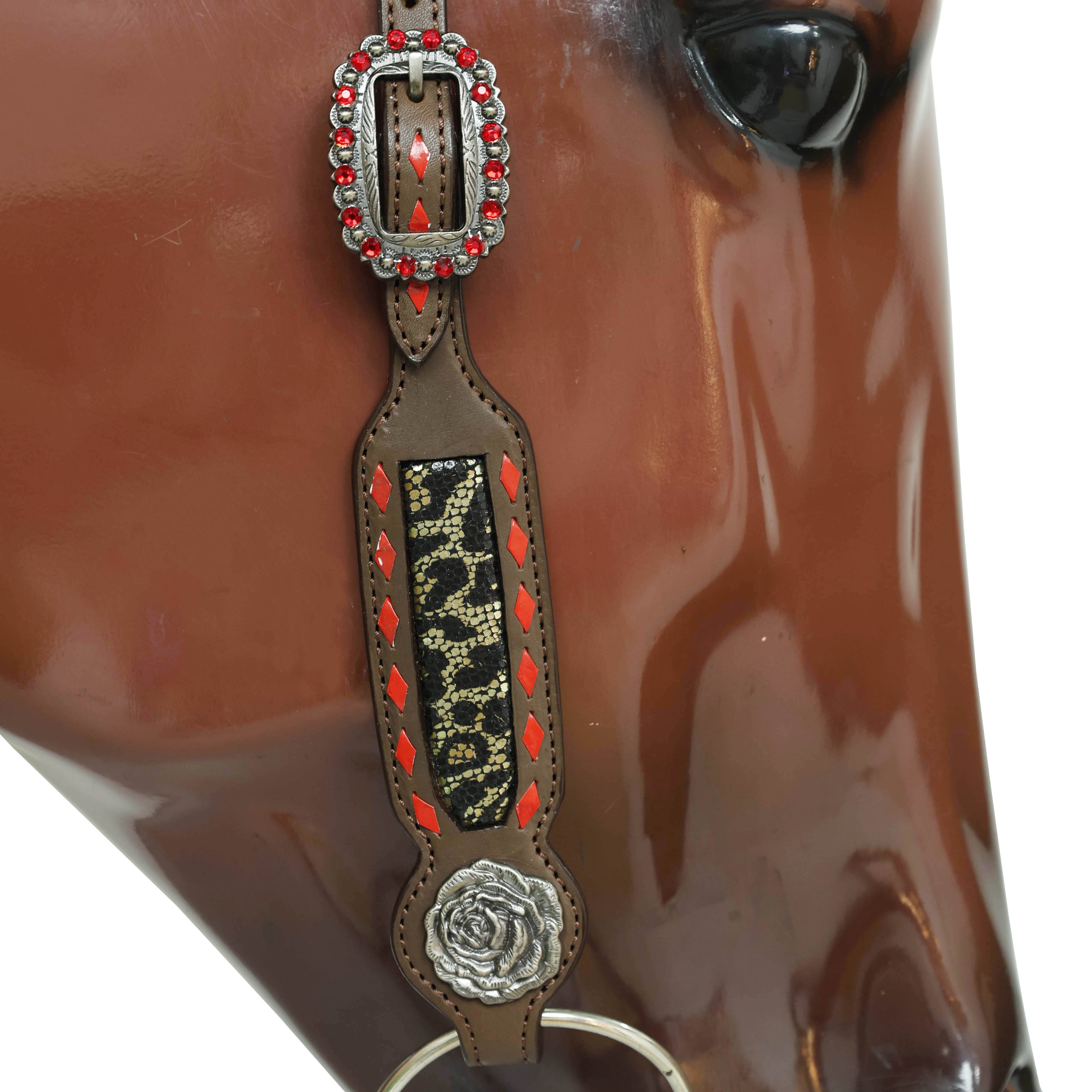 Leather Headstall and Breast Collar Set with Rose Carving, Metallic Leopard Inlay, and Arrow Style Rawhide Braided Breast Collar with Rose Concho MOUSM