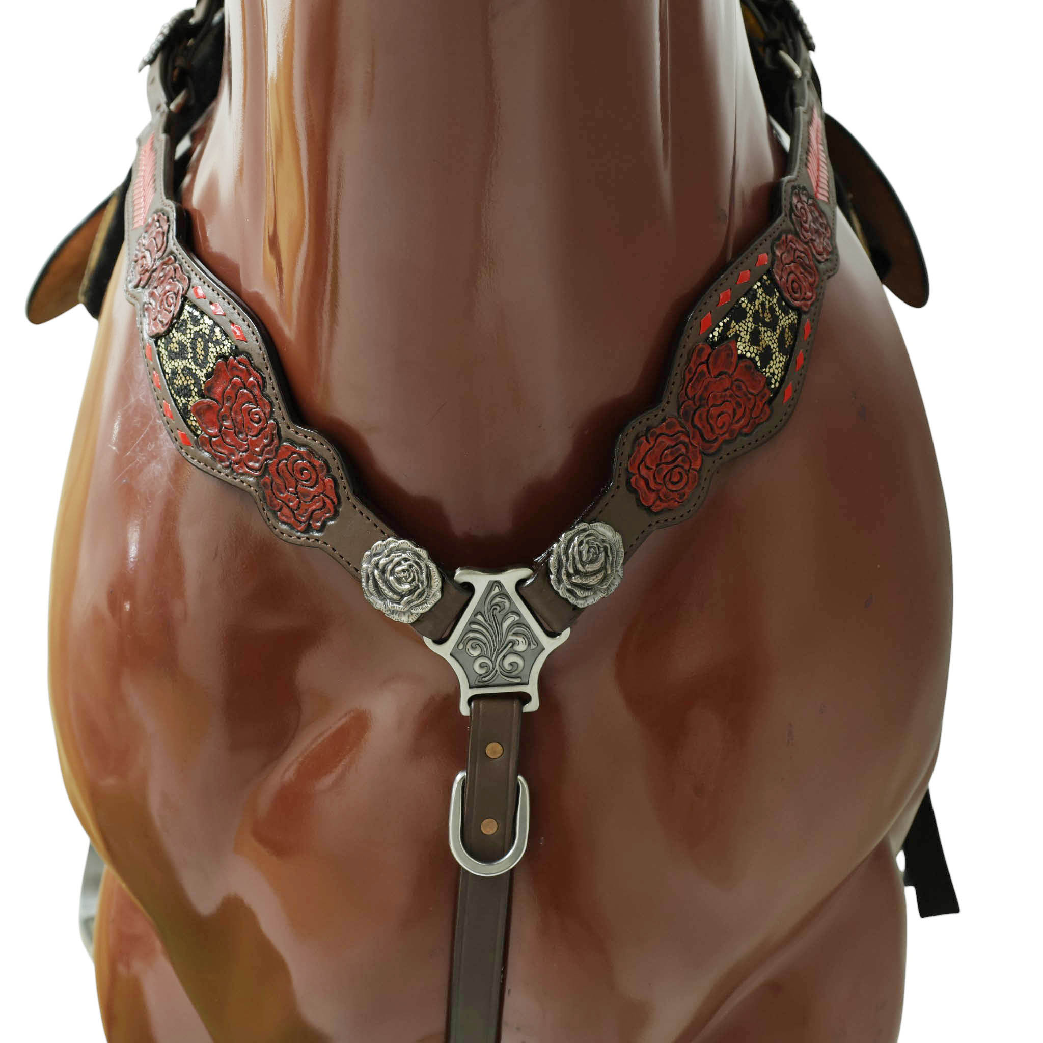 Leather Headstall and Breast Collar Set with Rose Carving, Metallic Leopard Inlay, and Arrow Style Rawhide Braided Breast Collar with Rose Concho MOUSM
