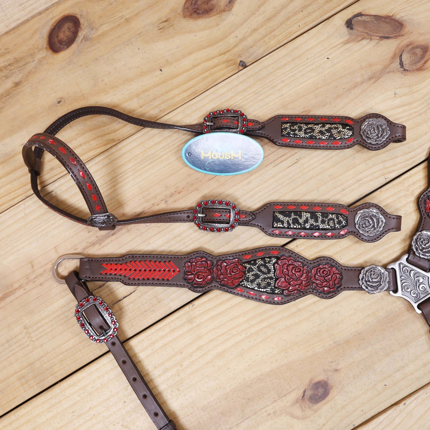 Leather Headstall and Breast Collar Set with Rose Carving, Metallic Leopard Inlay, and Arrow Style Rawhide Braided Breast Collar with Rose Concho MOUSM