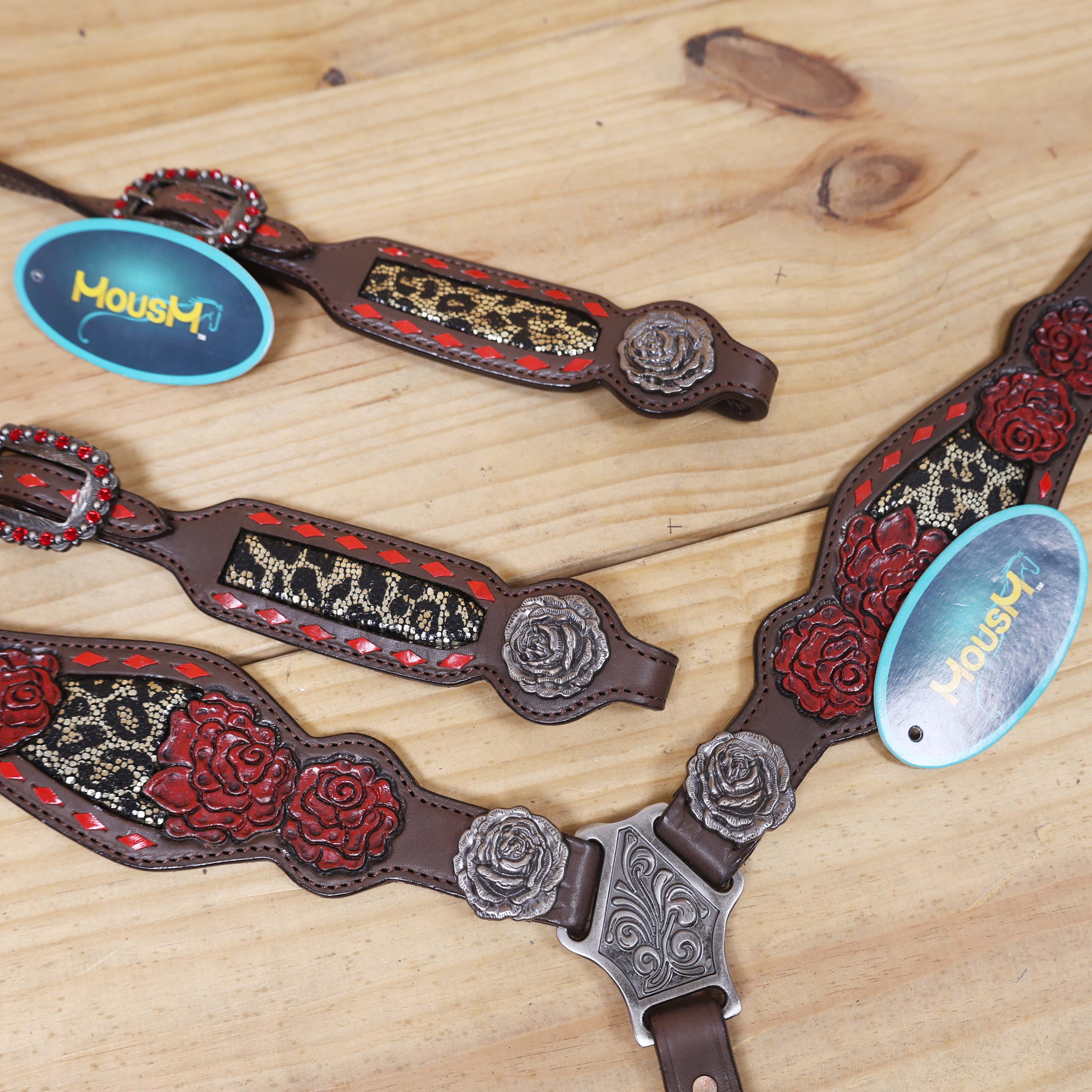 Leather Headstall and Breast Collar Set with Rose Carving, Metallic Leopard Inlay, and Arrow Style Rawhide Braided Breast Collar with Rose Concho MOUSM
