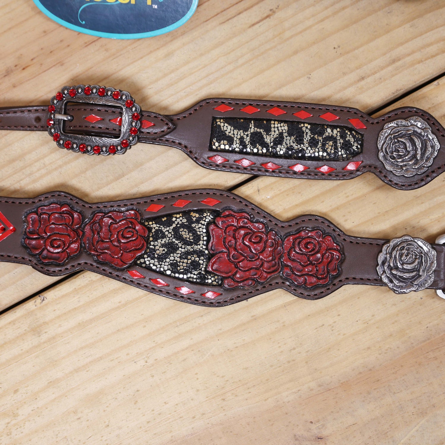Leather Headstall and Breast Collar Set with Rose Carving, Metallic Leopard Inlay, and Arrow Style Rawhide Braided Breast Collar with Rose Concho MOUSM