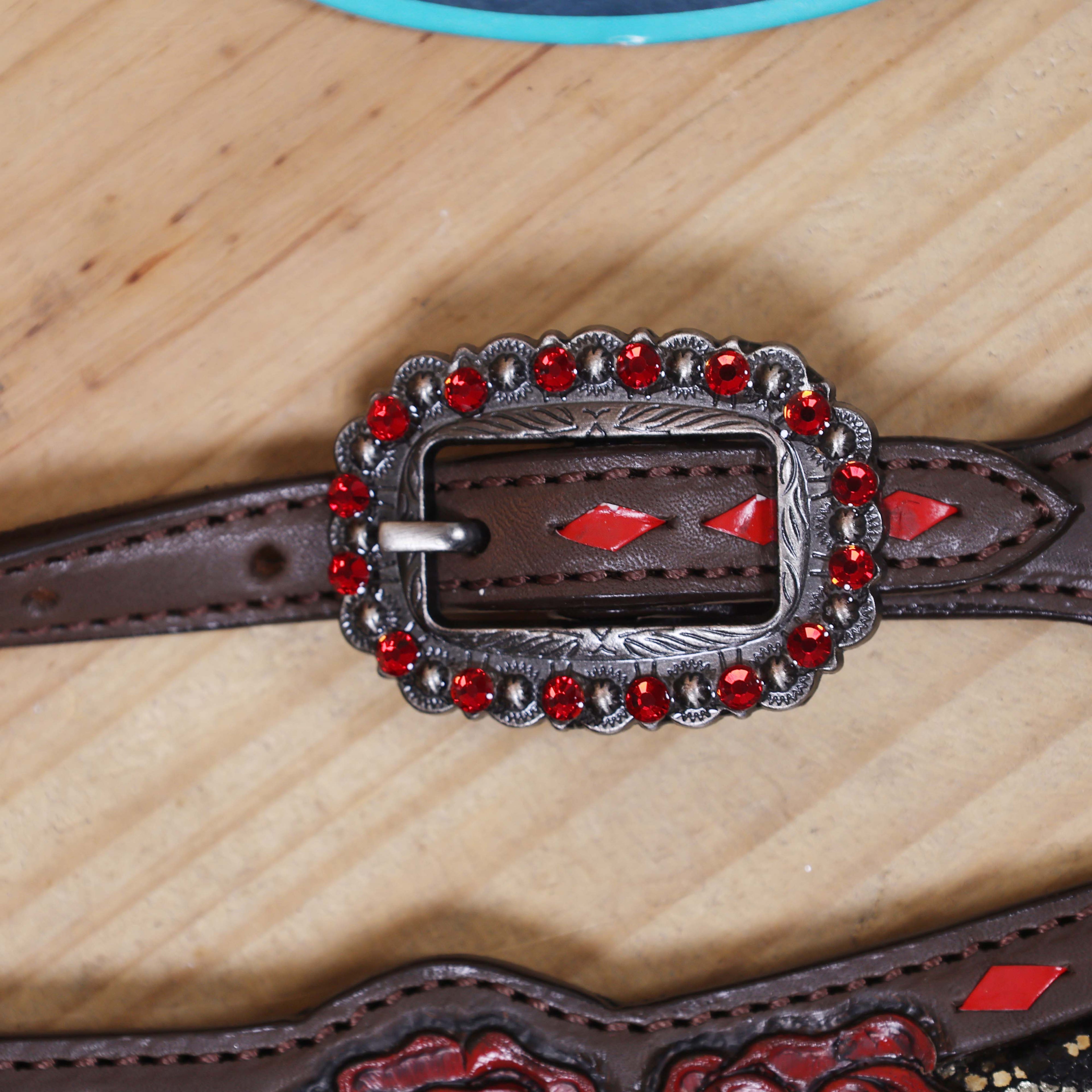 Leather Headstall and Breast Collar Set with Rose Carving, Metallic Leopard Inlay, and Arrow Style Rawhide Braided Breast Collar with Rose Concho MOUSM