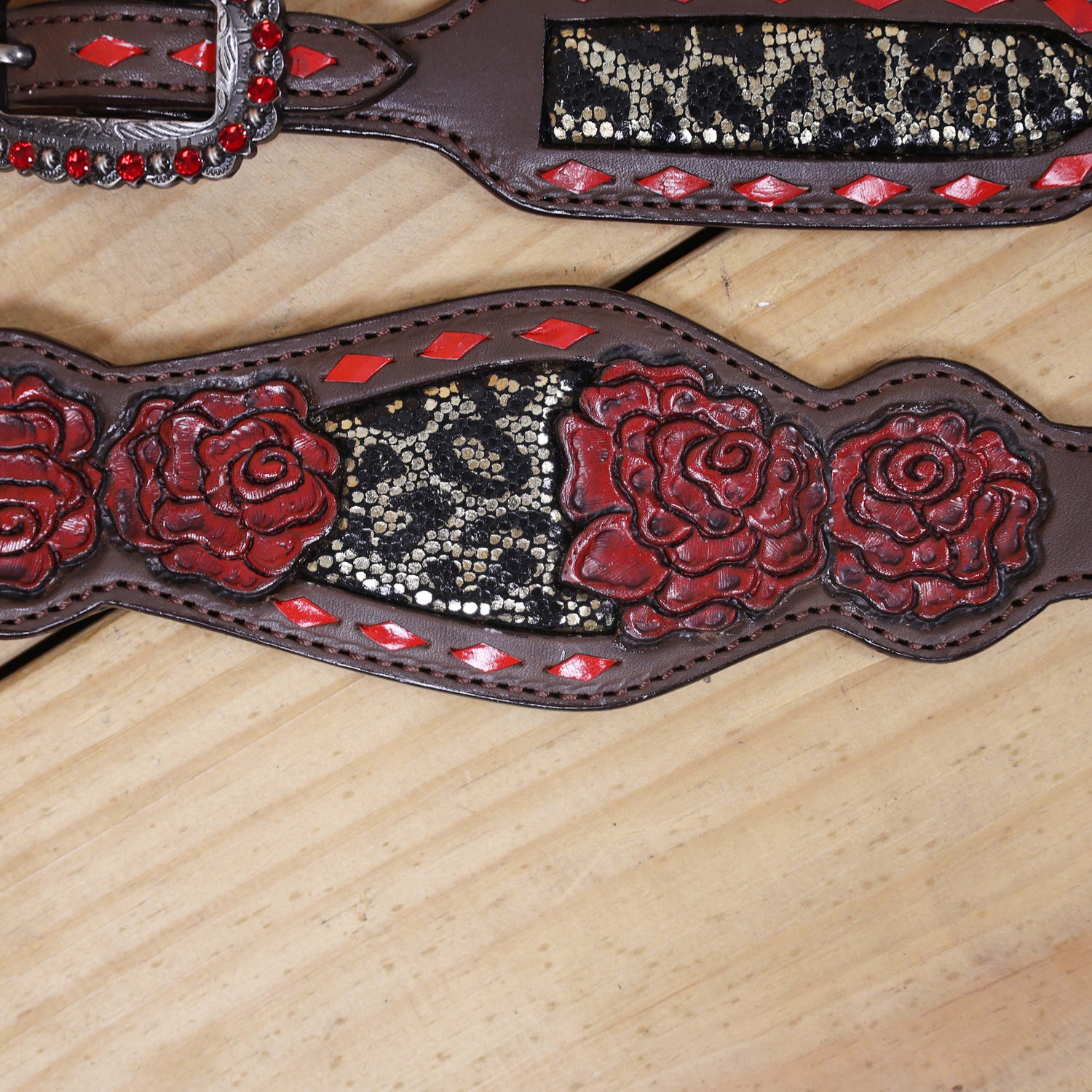 Leather Headstall and Breast Collar Set with Rose Carving, Metallic Leopard Inlay, and Arrow Style Rawhide Braided Breast Collar with Rose Concho MOUSM